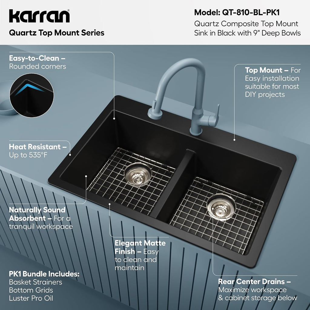 Karran QT-810 33' Top Mount Double Equal Bowl Quartz Kitchen Sink Kit in Black