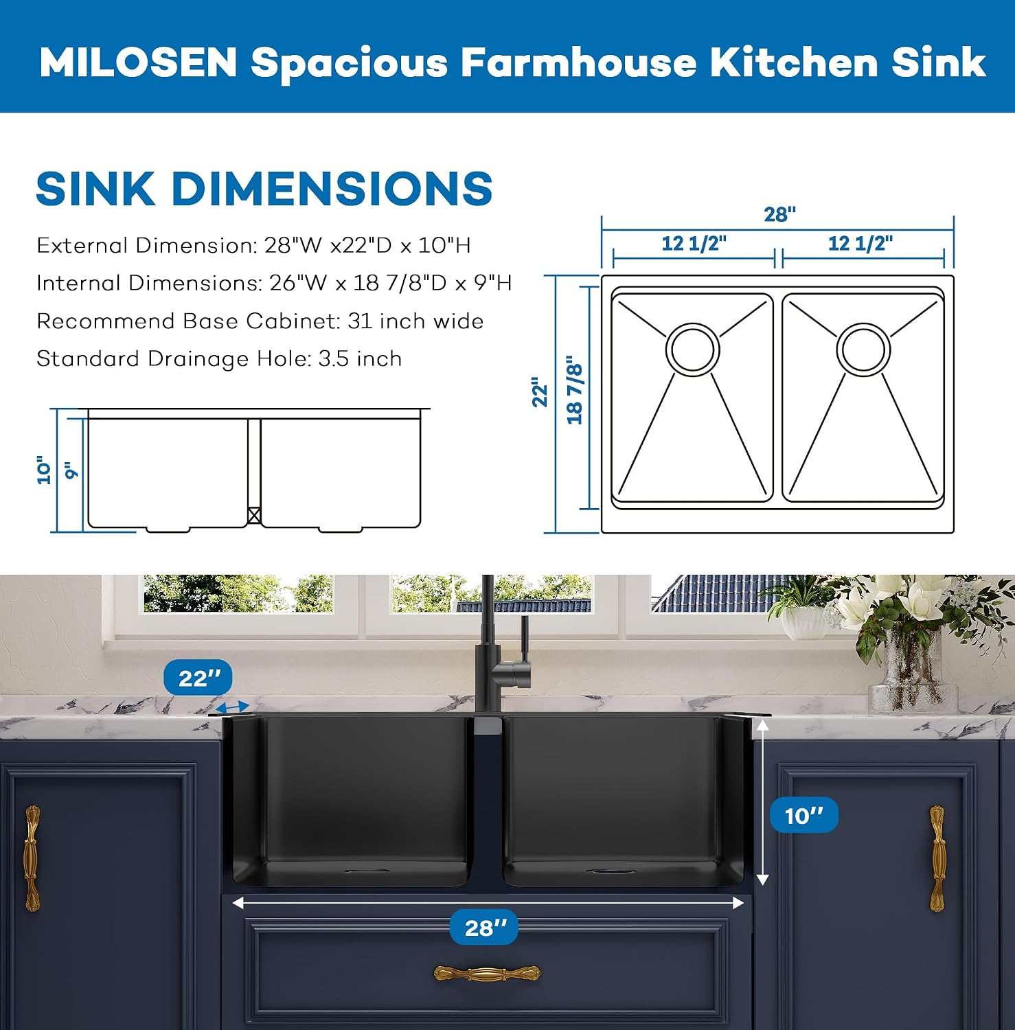 MILOSEN 28 Inch Black Farmhouse Kitchen Sink, 28''x22'' Drop in Black Stainless Steel Workstation Apron Front Sink with Ledge & Accessories, Double Bowl Farm Sinks, 10'' Large and Deep Handmade Sinks