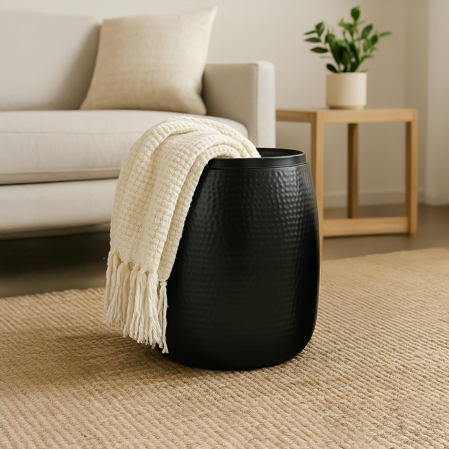 happimess SSL2000A Merida 19' Modern Rustic Hammered Metal Drum Storage Side Table with Lid, End Table for Decoration in Living Room, Bedroom, Bathroom, Matte Black