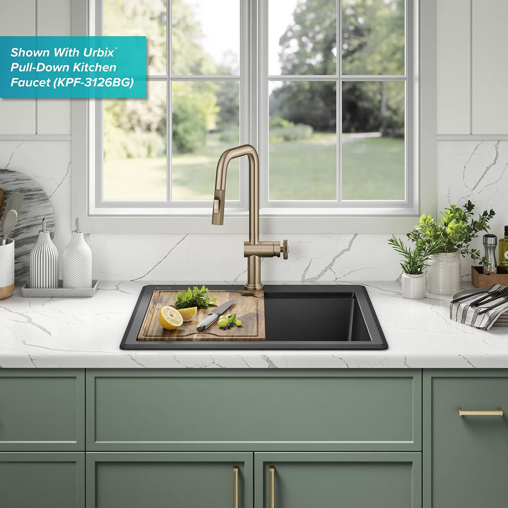 KRAUS Bellucci 25-inch Granite Workstation Drop In Top Mount Single Bowl Kitchen Sink in Metallic Black with Accessories, KGTW12-25MBL