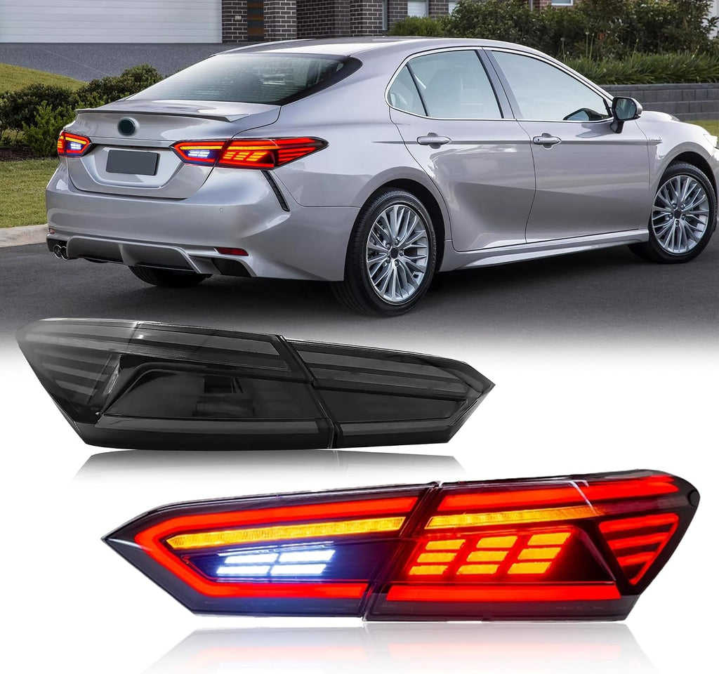 TDK GROUP Taillights Assembly Compatible with 8th Gen TOYOTA Camry 2018-2022, Smoked Lens Toyota Camry LE SE TRD XSE XLE Rear Lamps with Animation DRL Sequential Indicator, White Lamp Panel