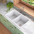 DeerValley Double Bowl Farmhouse Sink 32 Inch, Fireclay Undermount Kitchen Sinks, White Deep Drop-in Modern Sink with Grid & Basket Strainer