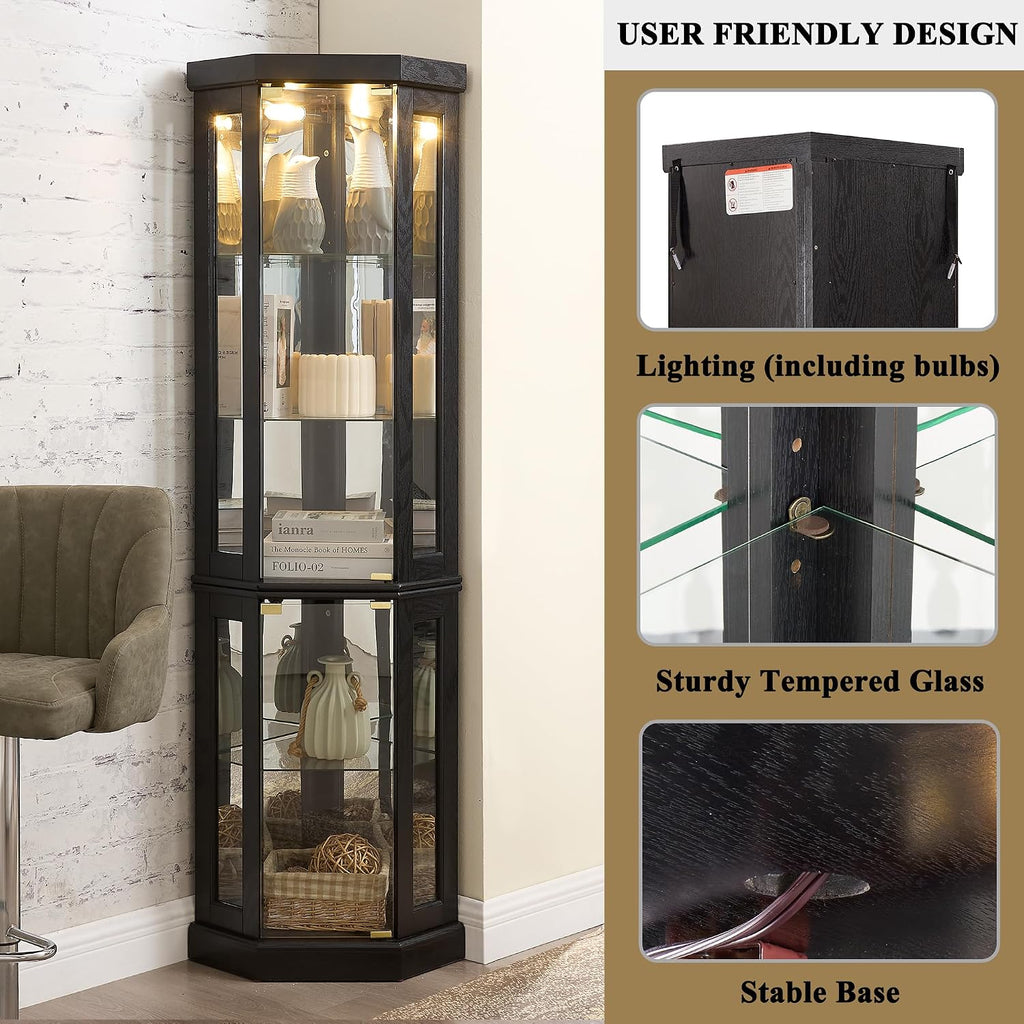 69' H Lighted Corner Curio Cabinet, 5-Tier Curio Glass Display Cabinet w/ 2 Door & Adjustable Glass Shelves, Wooden Display Showcase Corner Storage Cabinet for Living Room (Black)