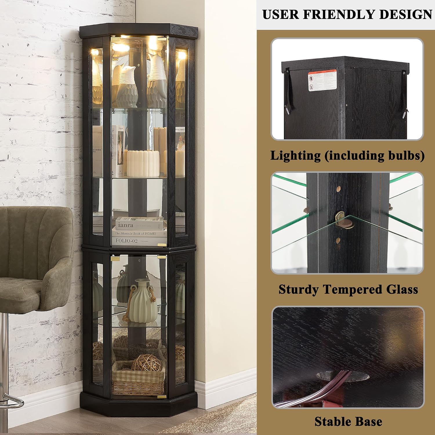 69' H Lighted Corner Curio Cabinet, 5-Tier Curio Glass Display Cabinet w/ 2 Door & Adjustable Glass Shelves, Wooden Display Showcase Corner Storage Cabinet for Living Room (Black)