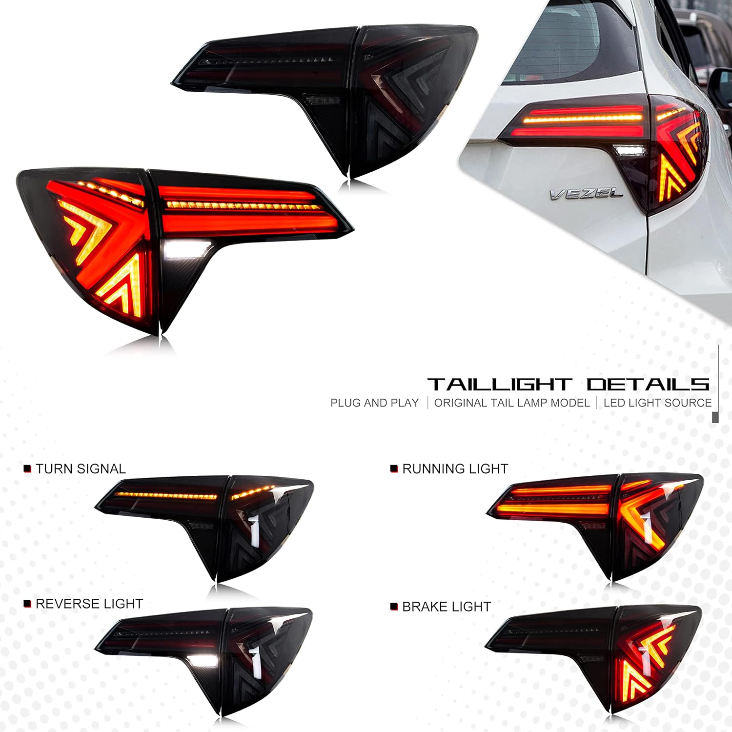 inginuity time LED Tail Lights for Honda HR-V 2016-2022 Start-up Animation Sequential Indicator Replacement Black Rear Lamps Assembly Accessary