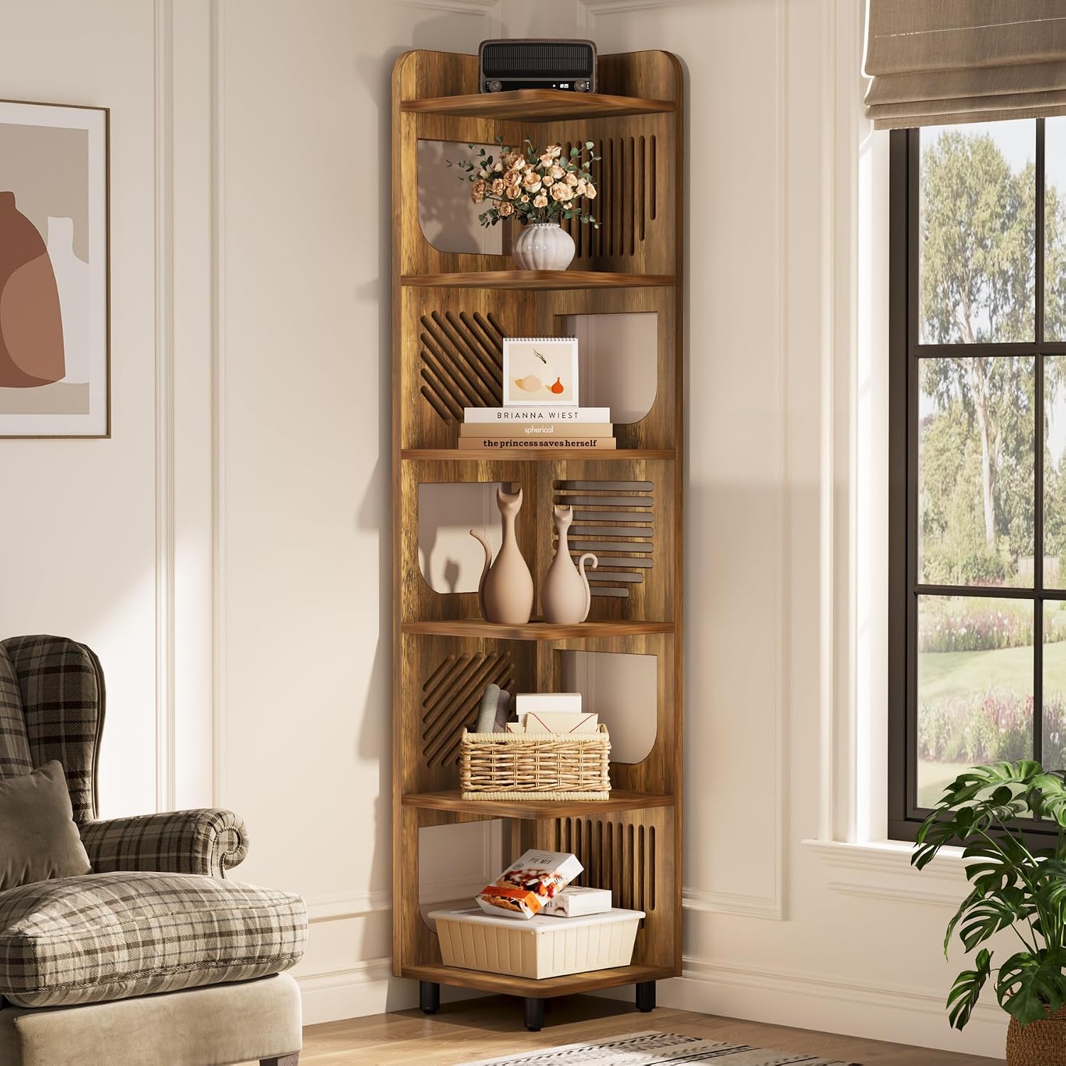 Tribesigns 6-Tier Tall Corner Shelf, 71-Inch Rustic Narrow Corner Bookshelf Bookcase with Square Rack, Freestanding Corner Display Storage Shelf Organizer for Living Room, Kitchen, Office, Yellow