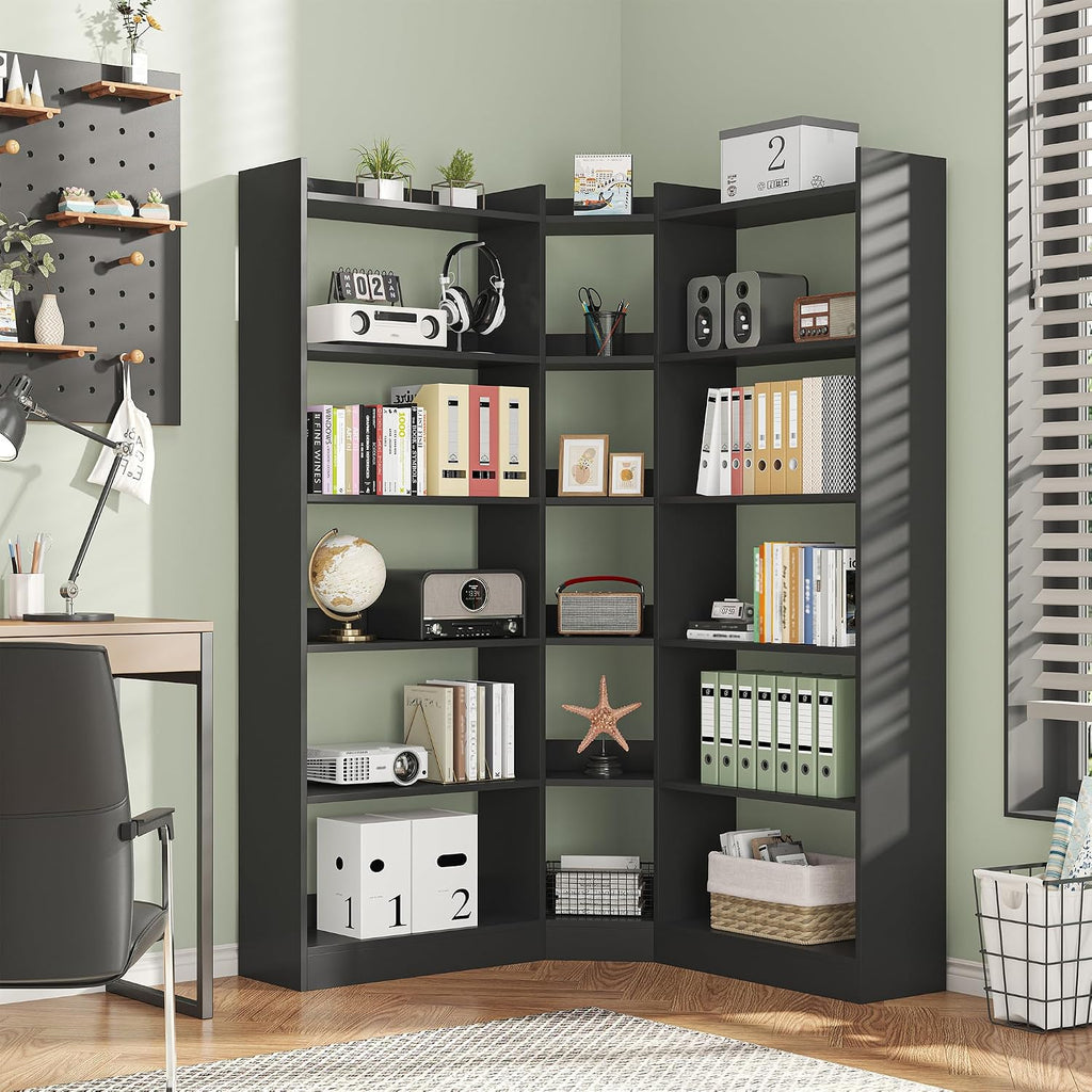 Nosepen 6 Tiers Corner Bookshelf, 63.1' Tall Modern Corner Etagere Bookcase Storage Display Rack Book Shelf with Baffle, Industrial L Shaped Bookshelves for Bedroom, Home Office, Living Room, Black