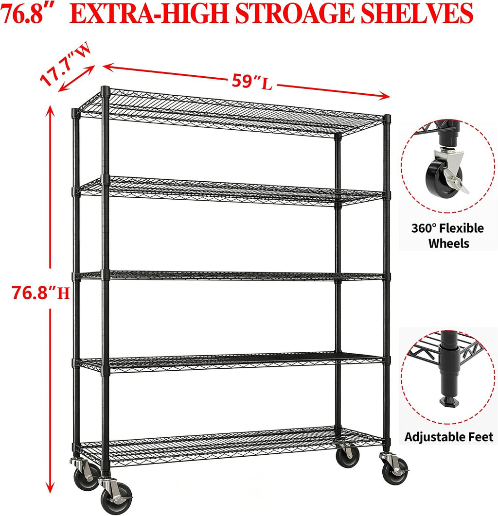 Garvee Storage Shelves, 5-Tier Metal Shelving Units with Wheels, 73' H x 59' W x 17.1' D, 3300 LBS Heavy Duty Wire Shelving Rolling Rack for Garage Kitchen Home Basement, Adjustable, Black