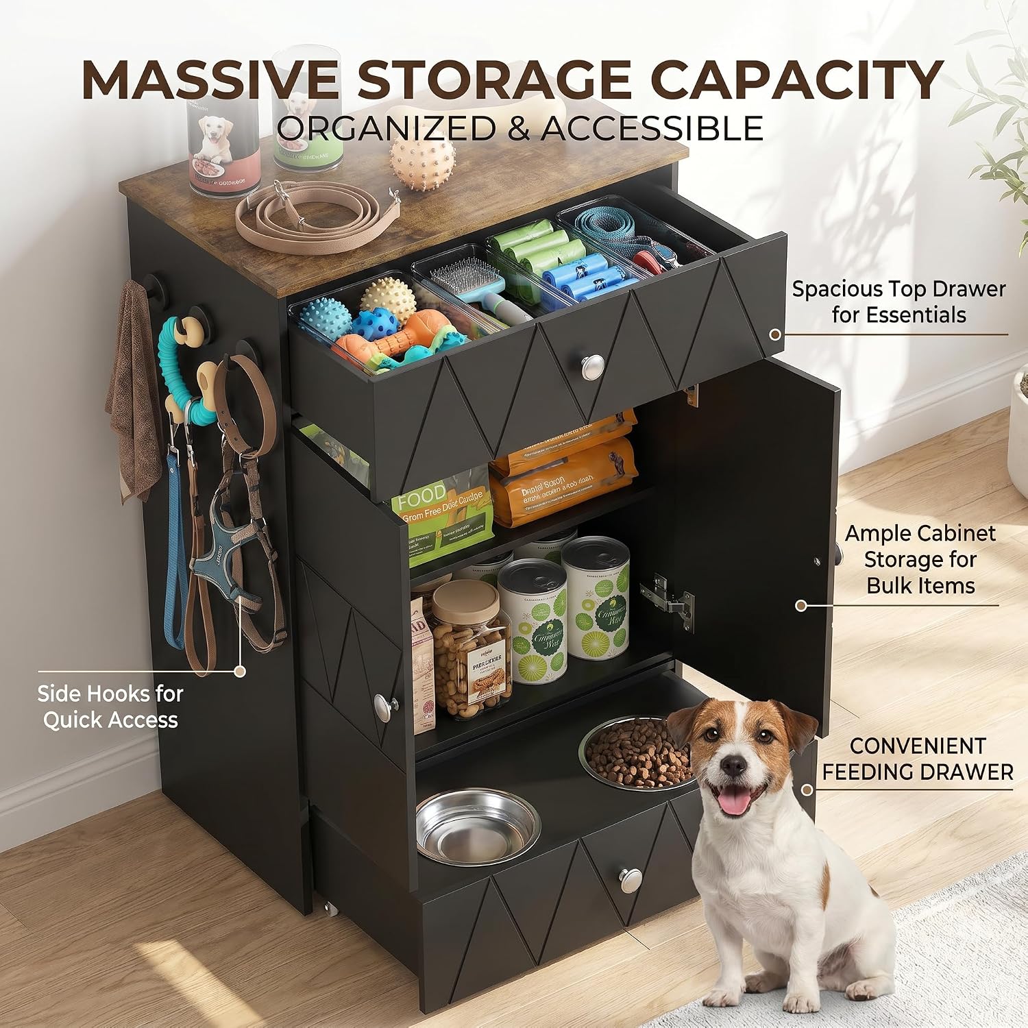Pet Feeding Station with Storage, Raised Dog Bowls, Pet Feeder Cabinet, with Adjustable Shelves, Rolling Drawer, Hooks, for Feeding & Watering Supplies (Black)