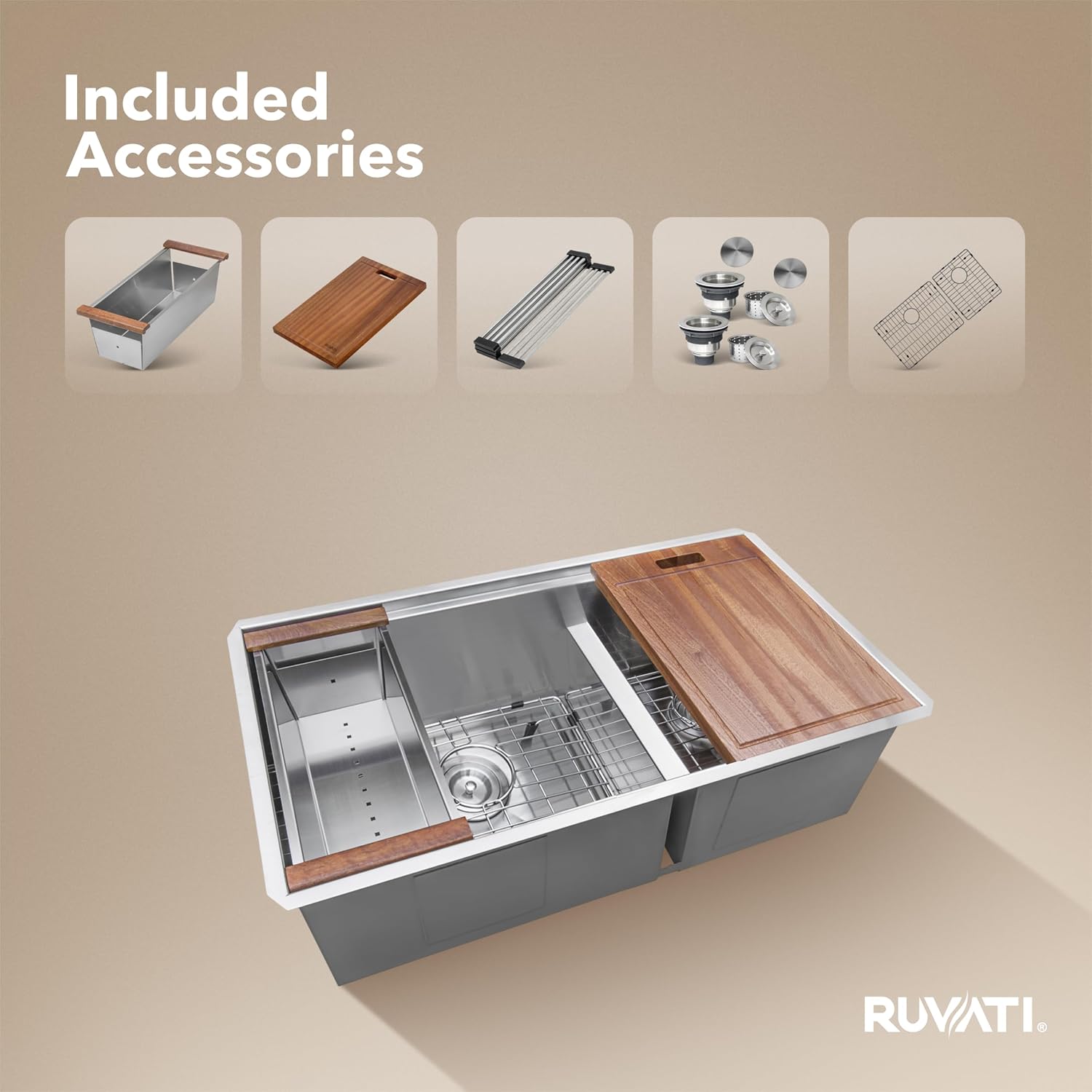 Ruvati 33-inch Workstation 60/40 Double Bowl Undermount 16 Gauge Stainless Steel Ledge Kitchen Sink - RVH8356