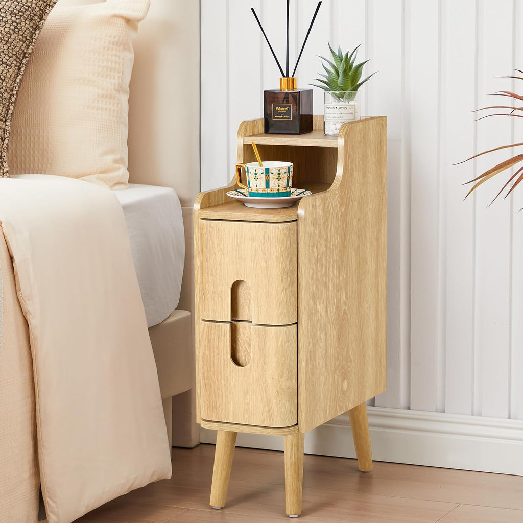 Small Nightstand Set of 2, Wood 2 Drawer Narrow Nightstand, Slim Side Table, Modern Skinny End Bedside Table, Natural Wood Night Stand with Drawers for Bedroom (Natural-2 pcs)