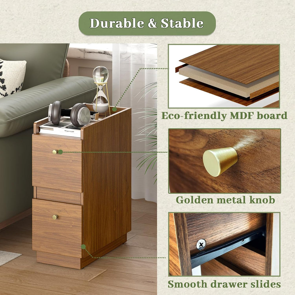 Narrow Night Stands, Modern Slim Nightstand Set of 2, Wooden Skinny Bedside Table 2 Drawers, Stackable Narrow Side Table with Drawers for Small Spaces, Bedroom, Living Room, Walnut Brown