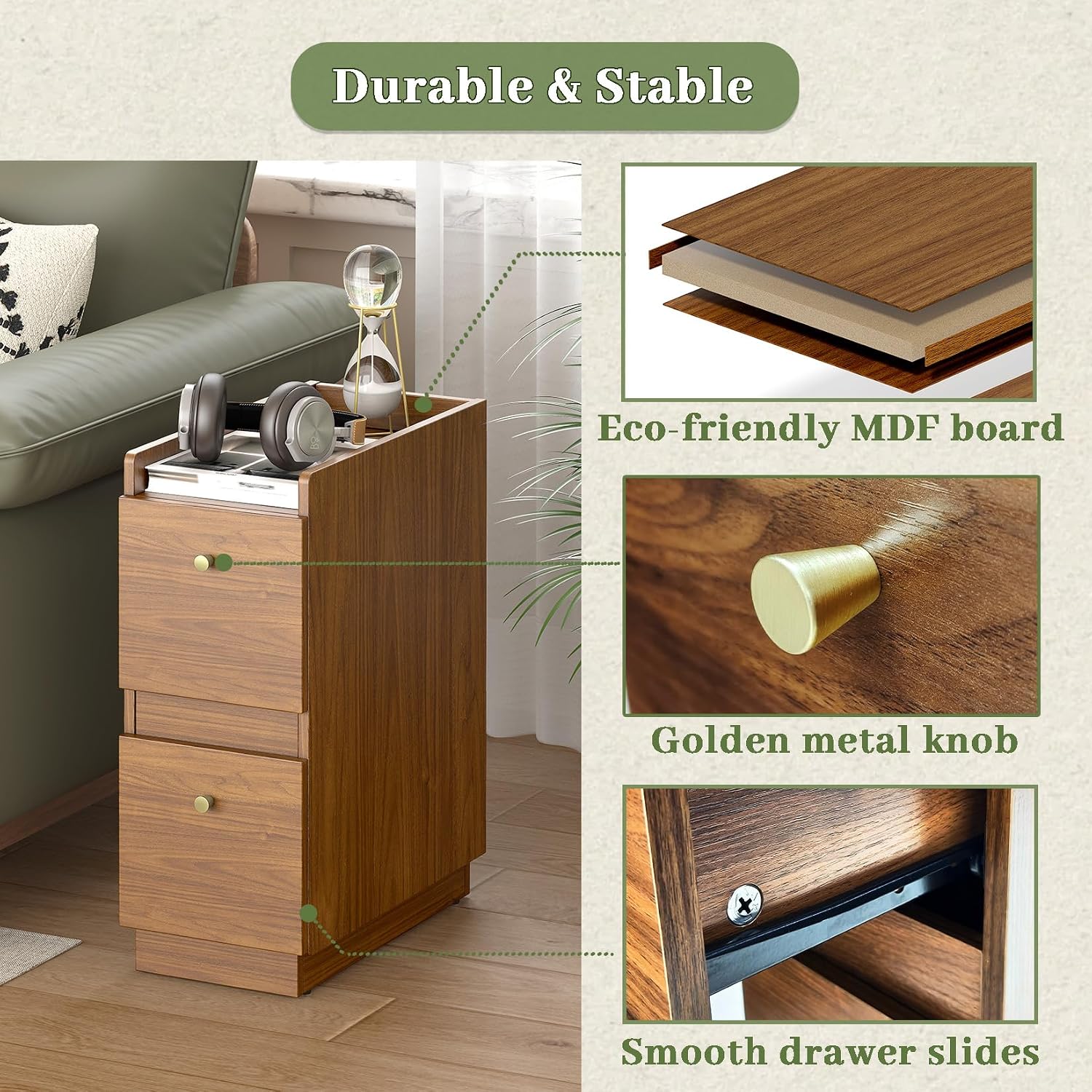 Narrow Night Stands, Modern Slim Nightstand Set of 2, Wooden Skinny Bedside Table 2 Drawers, Stackable Narrow Side Table with Drawers for Small Spaces, Bedroom, Living Room, Walnut Brown