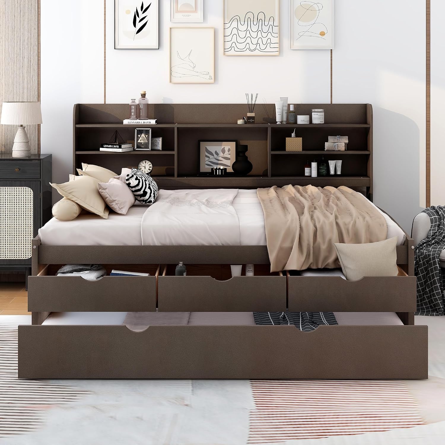Full Size Corner Bed Frame with Storage Drawers and Trundle,Wooden Captain Bed Frame with Storage Bookshelves Headboard for Living Room Bedroom,No Box Spring Needed, Space Saving,Antique Gray