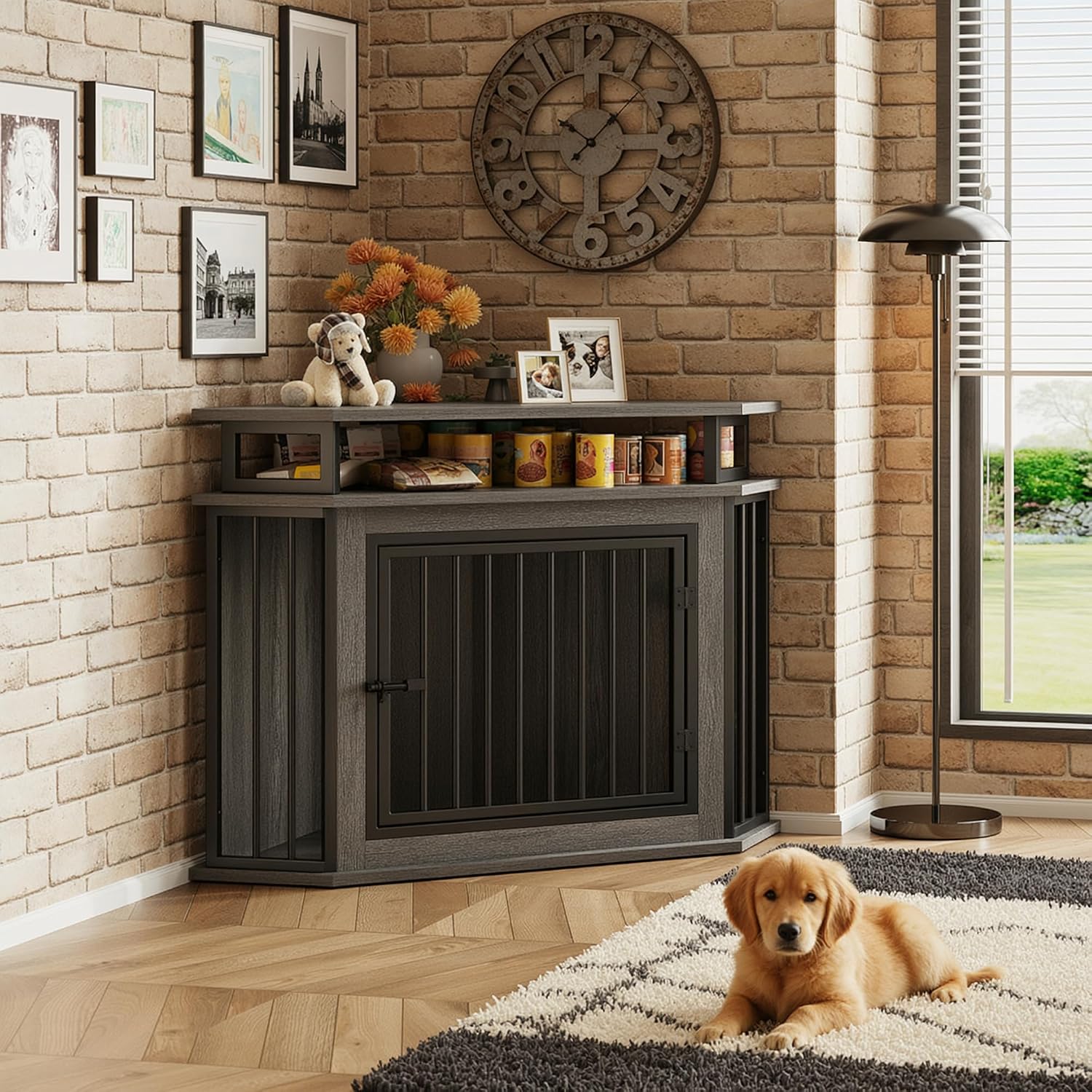IRONCK 43.3' Corner Dog Crate with 2-Tier Shelves, Wooden Dog Kennel Furniture for TV Stand, Dog Cage Indoor for Small and Medium Dogs, Gray (23.6' L x 43.3' W x 32' H)