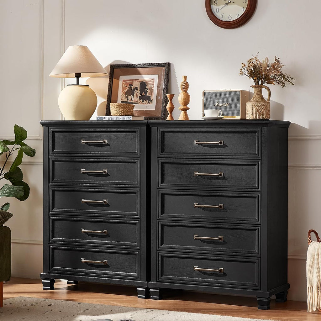 SAVOR LIFE Farmhouse Chest of Drawers for Bedroom, 45' Tall Dresser for Closet, Rustic Wood Dressers for Bedroom, Hallway, Entryway, Black