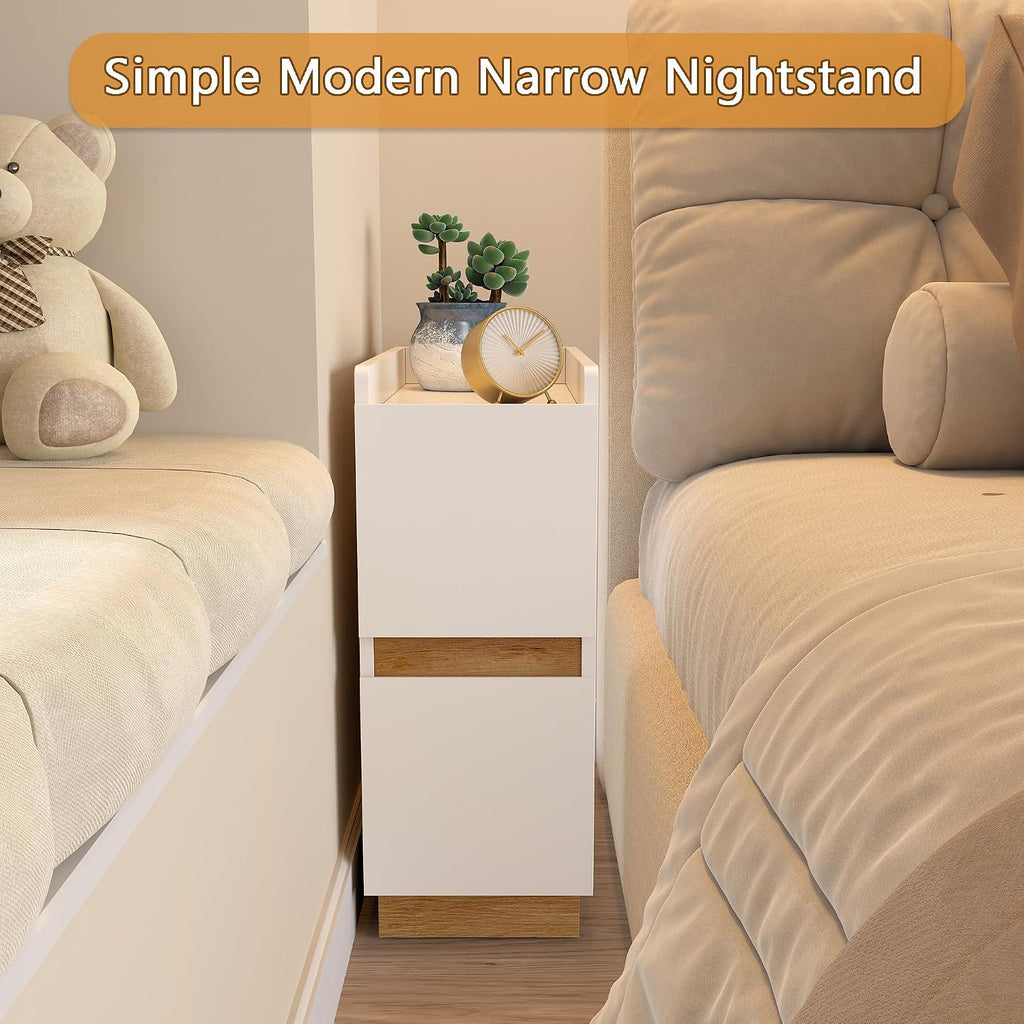 Narrow Night Stands, Modern Slim Nightstand Set of 2, Wooden Skinny Bedside Table 2 Drawers, Stackable Narrow Side Table with Drawers for Small Spaces, Bedroom, Living Room, White