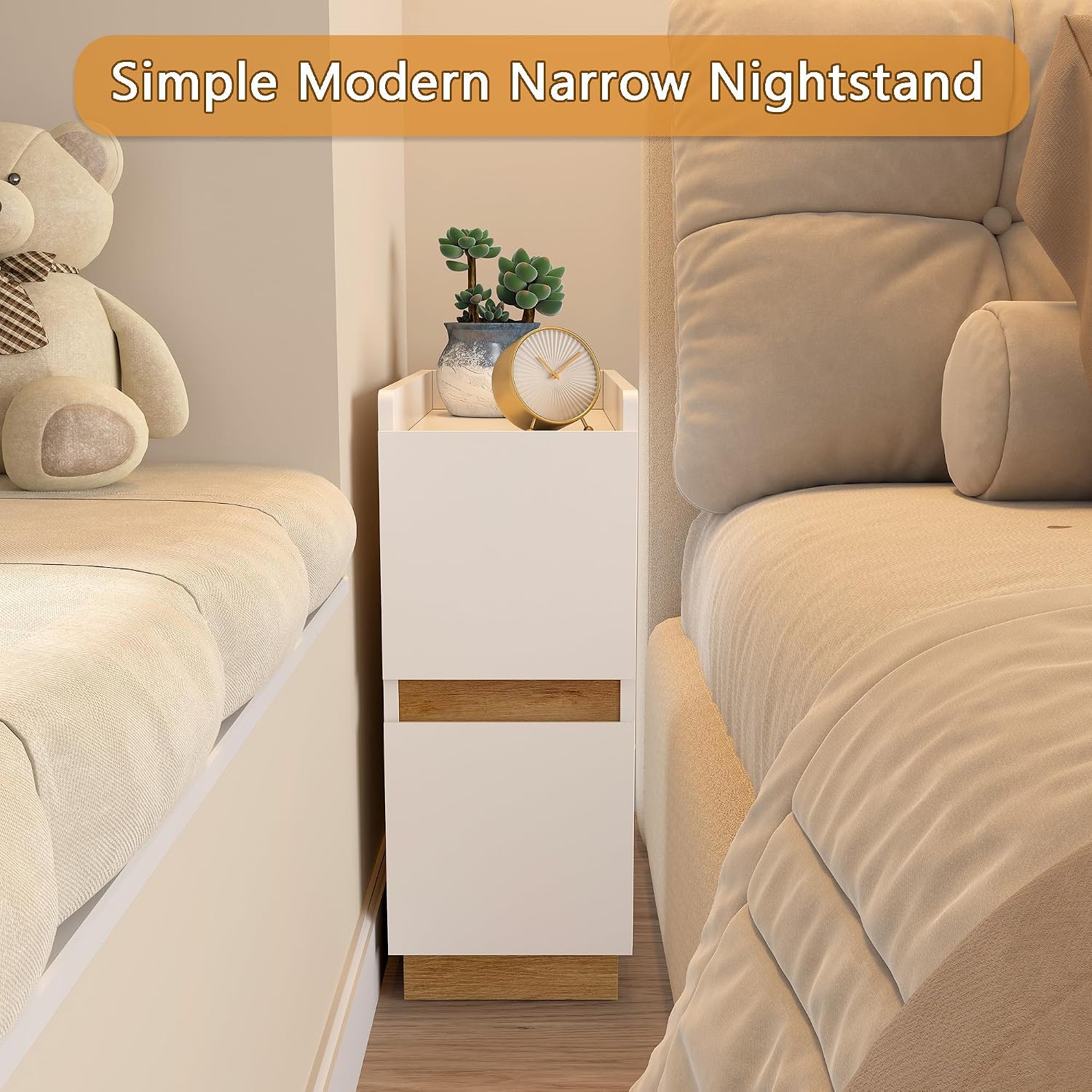 Narrow Night Stands, Modern Slim Nightstand Set of 2, Wooden Skinny Bedside Table 2 Drawers, Stackable Narrow Side Table with Drawers for Small Spaces, Bedroom, Living Room, White