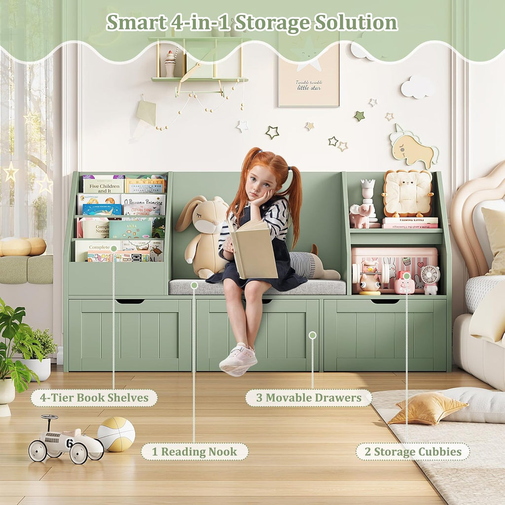 FOTOSOK 55.1'' Kids Bookshelf with Reading Nook, Toy Storage Organizer with Seat Cushion and 3 Movable Drawers, Kids Reading Nook Toy Organizers and Storage with Bench for Playroom, Bedroom, Green