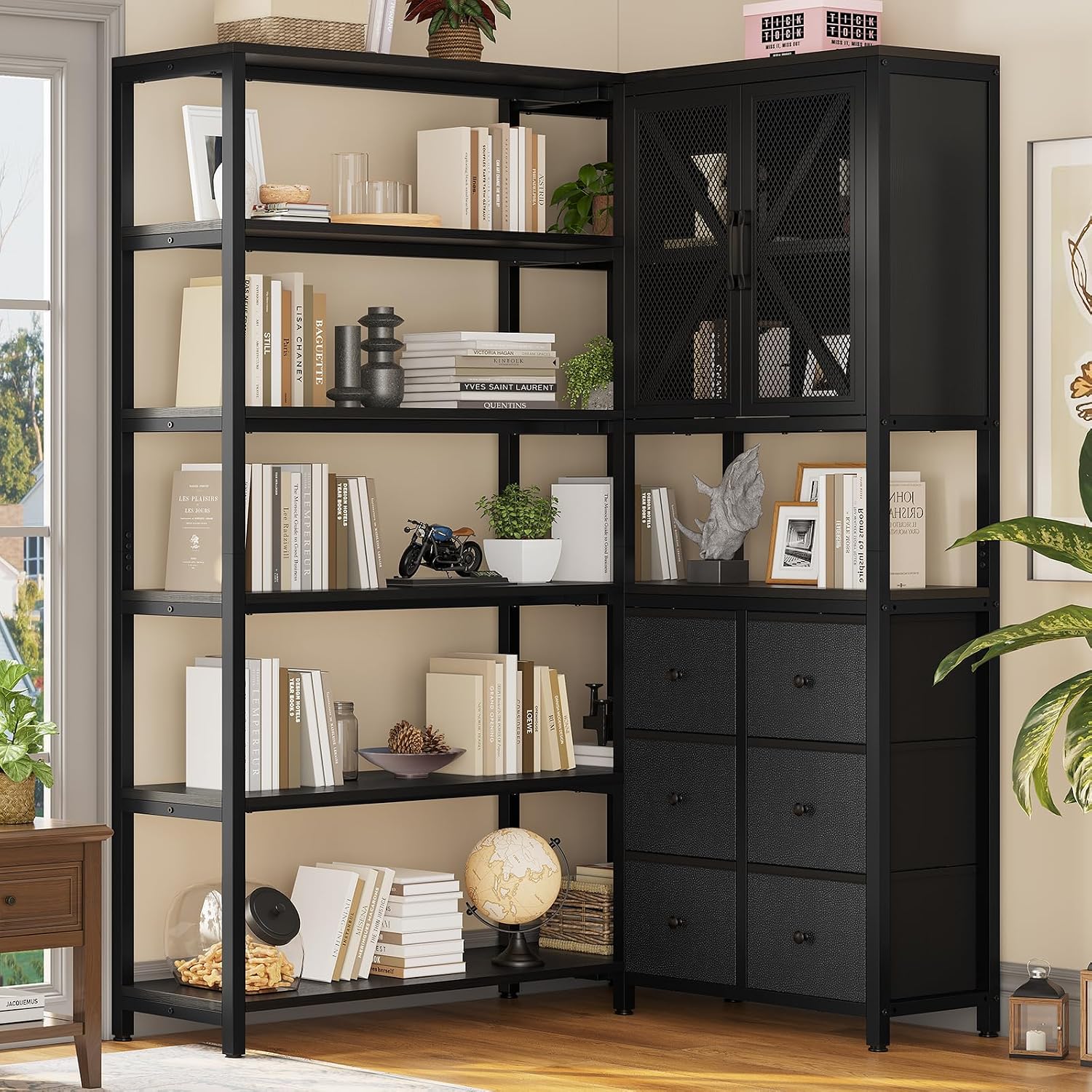 HAUOMS Corner Bookshelf, 6 Tier Industrial Convertible Bookshelf with 6 Fabric Drawers, Corner Bookcase Large L Shaped Storage Display Shelf for Home Office, Living Room, Kitchen, Black