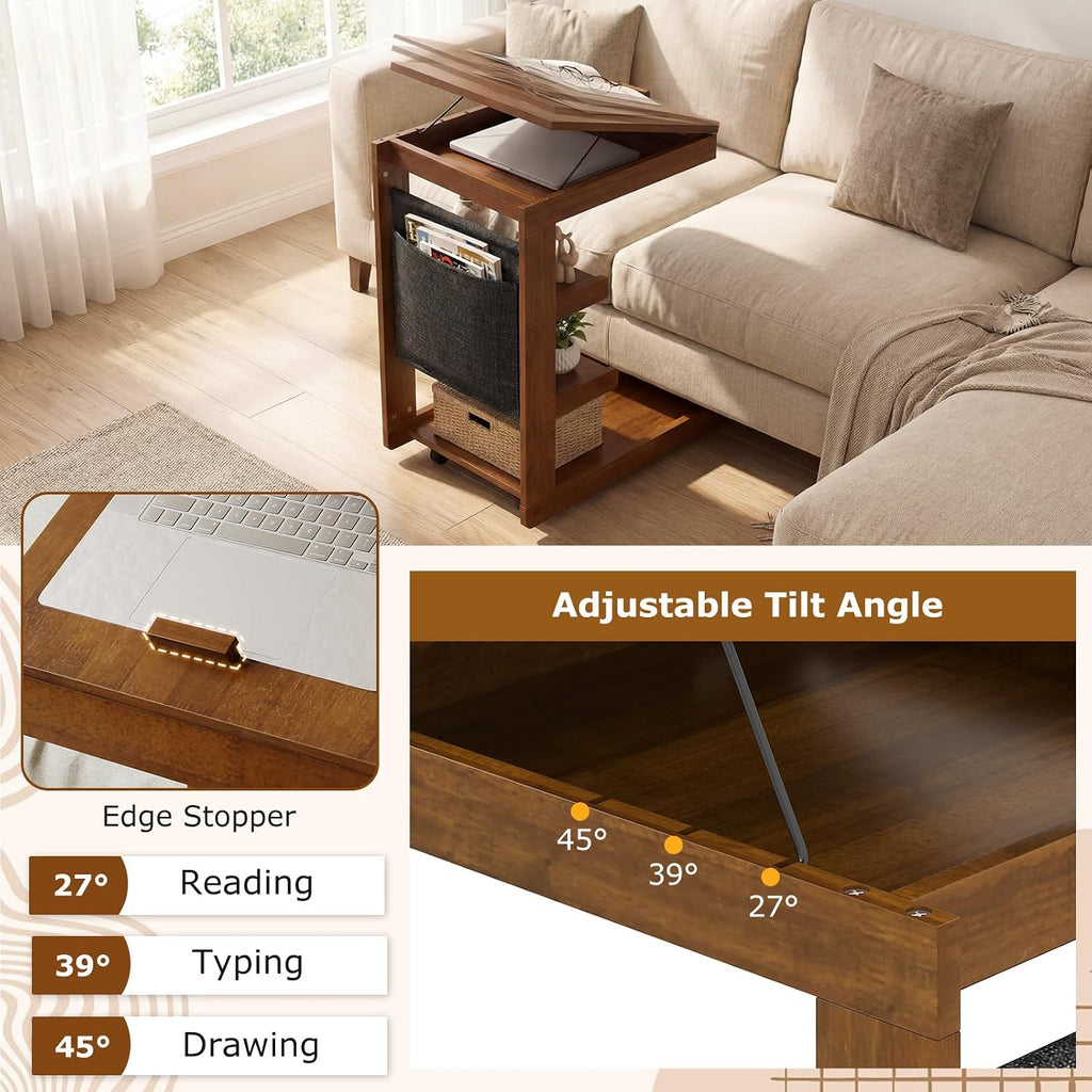Giantex C-Shaped End Table with Wheels, Set of 2 Wood Rolling Side Table w/Adjustable Desktop, Edge Stopper, Side Pocket & 3 Storage Shelves, Sofa Couch Bedside TV Tray for Living Room Bedroom (Brown)