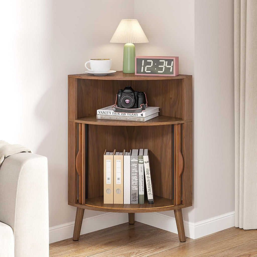 Bathroom Corner Storage Cabinet, 31.5''H Small Floor Corner Cabinet with 2 Fluted Doors and Shelves, Freestanding Narrow Cabinets Organizer for Living Room, Kitchen (Walnut, 31.5''H)