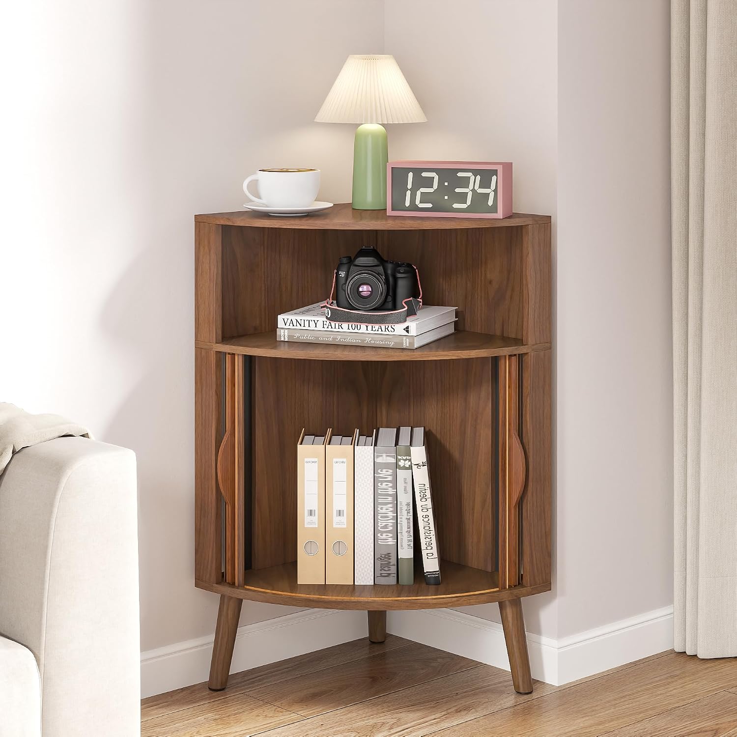 Bathroom Corner Storage Cabinet, 31.5''H Small Floor Corner Cabinet with 2 Fluted Doors and Shelves, Freestanding Narrow Cabinets Organizer for Living Room, Kitchen (Walnut, 31.5''H)