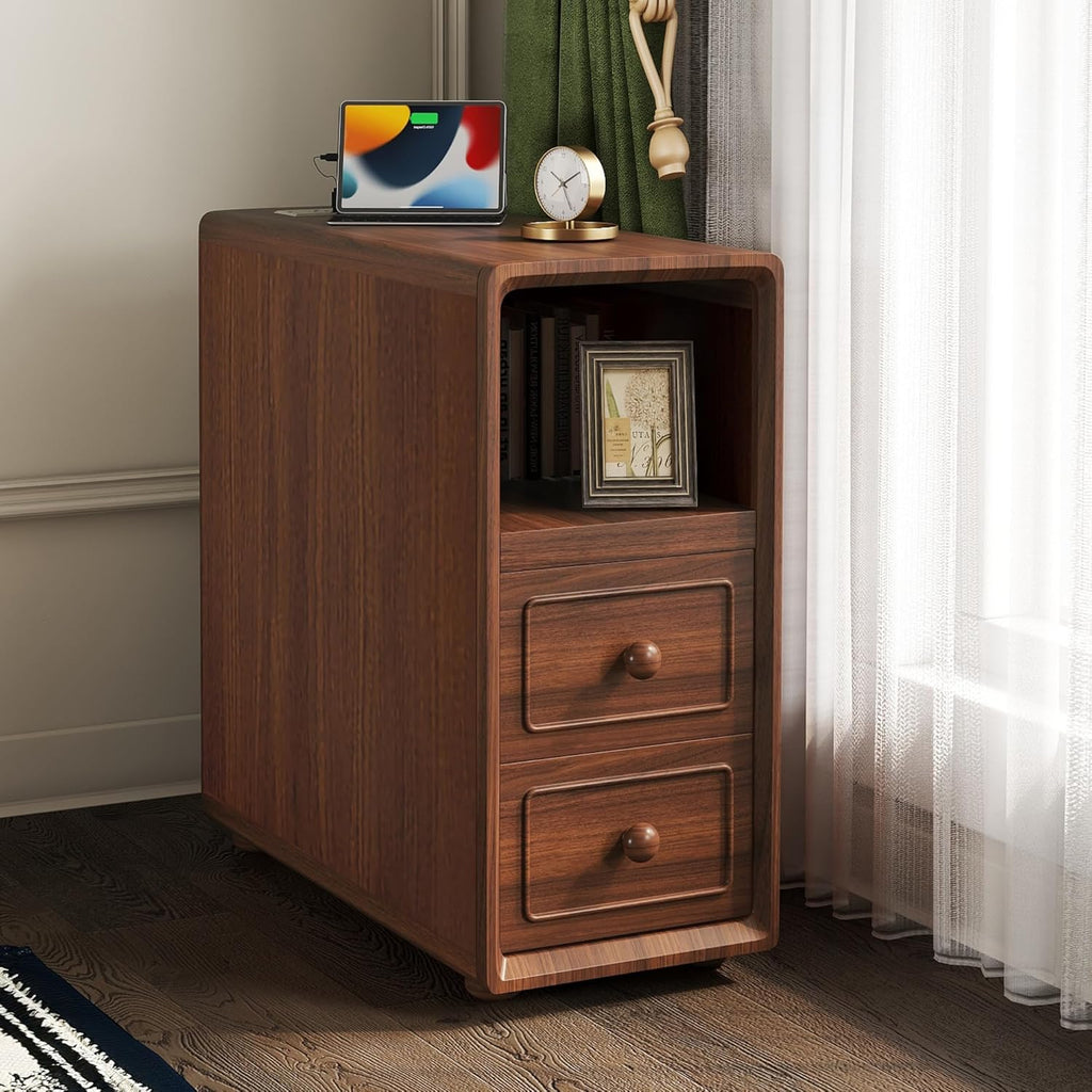 GDFStudio End Table with 2 Drawers & 3 Open Shelves, Corner Side Table with Reversible Top Shelves & Charging Station, 2 USB Ports & AC Outlets, Ideal for Bedroom & Living Room, Walnut Finish