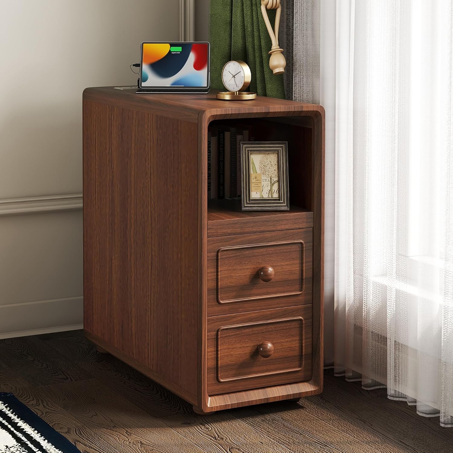 Mirightone Tall End Table with Drawers and Shelves, Narrow Side Table with Charging Station, High Slim Corner Cabinet Bedside Table with Storage Bookcase for Living Room Bedroom, Walnut