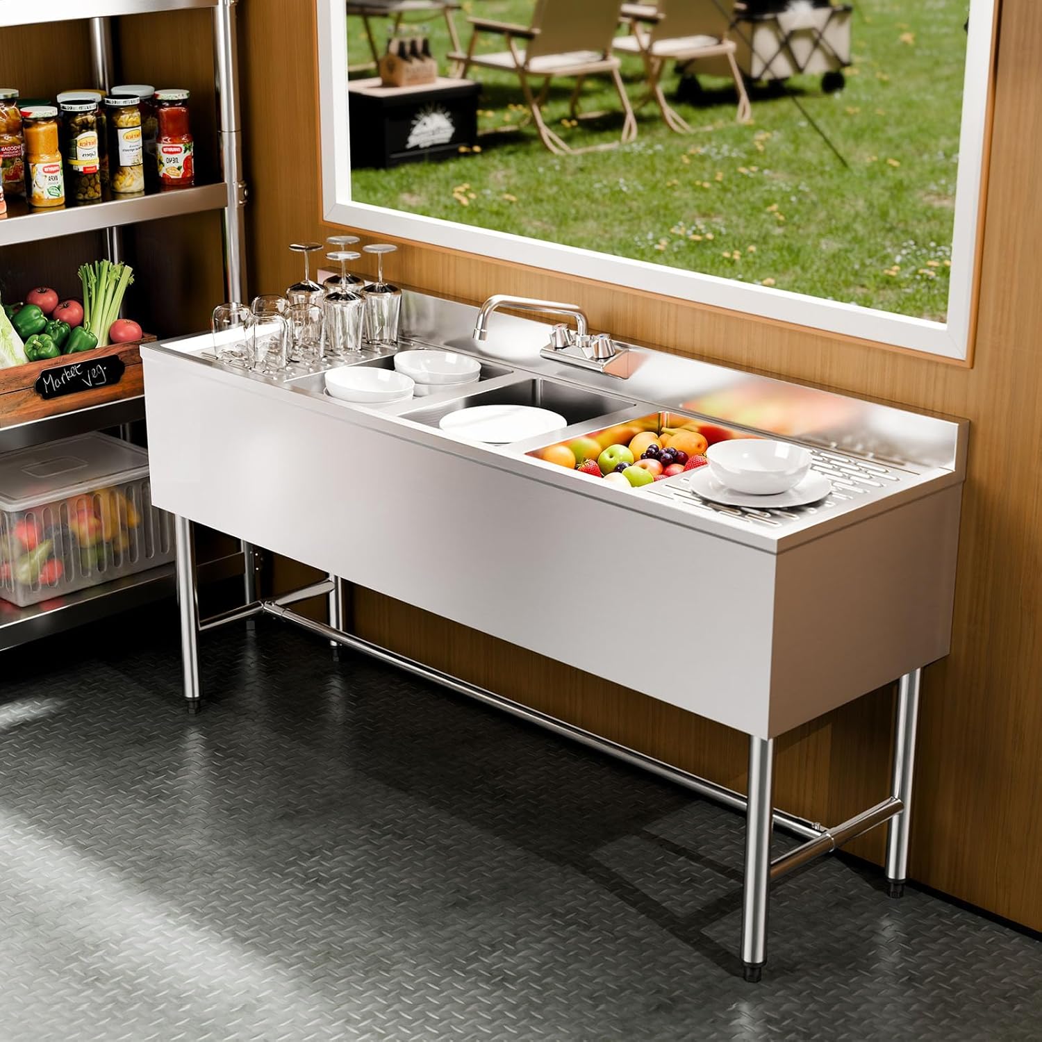 VEVOR 3 Compartment Sink, 18-Gauge 304 Stainless Steel, 10' x 14' x 10' Bowl Size, 3 Bay Commercial Under Bar Sink with Double Drainboard and Backsplash for Kitchen, Restaurant, Food Truck & Home Use
