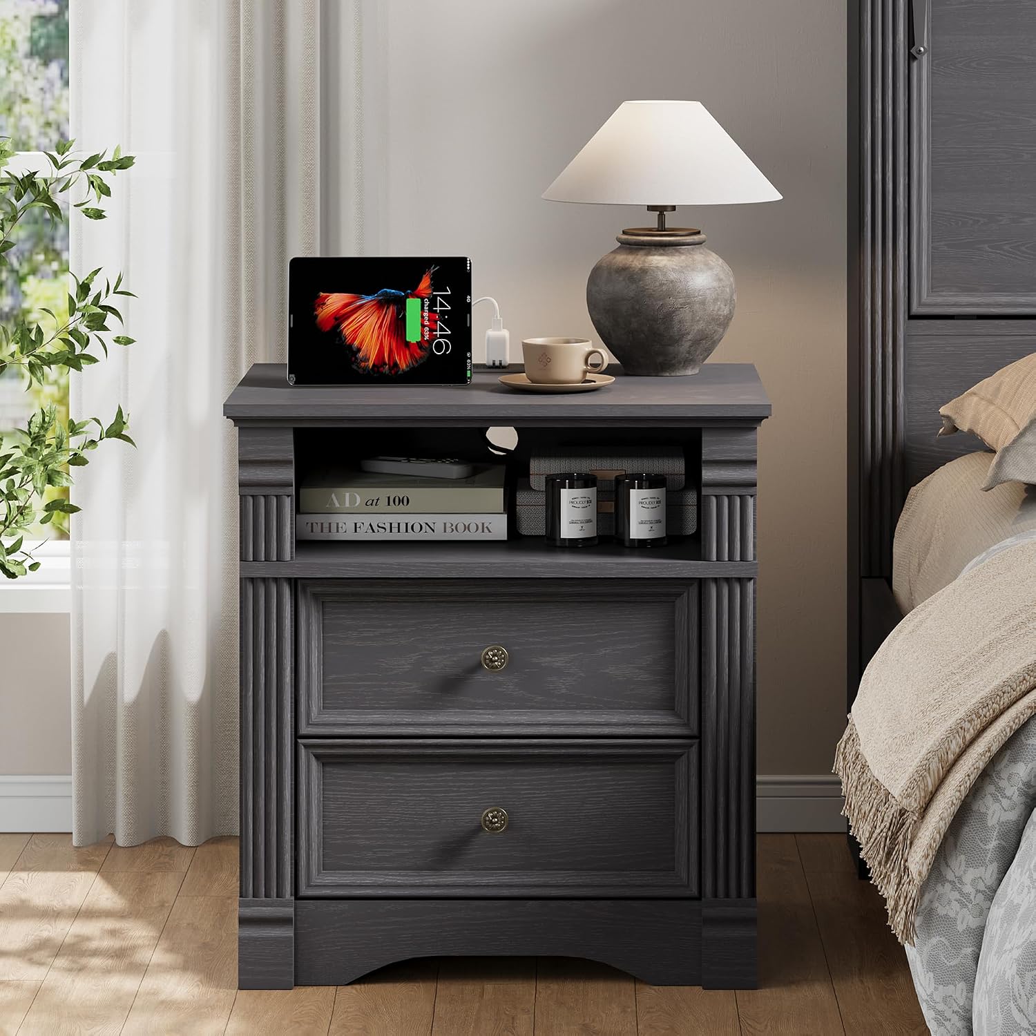 Grey Nightstand with Charging Station, Farmhouse Bedside Table, End Table with 2 Drawers and Chic Wood Pilasters Design, Wood Side Table with Metal Handles for Bedroom, Living Room
