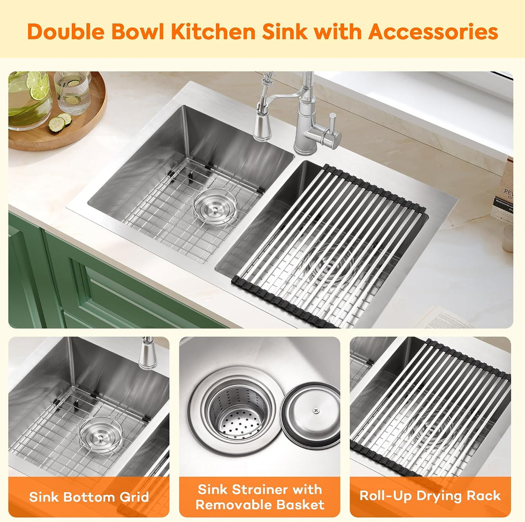 33 X 22 inch Drop in Kitchen Sinks Double Bowl,16 Gauge Stainless Steel 50/50 Double Sink,Top Mount/Drop In Double Kitchen Sink 33 inch