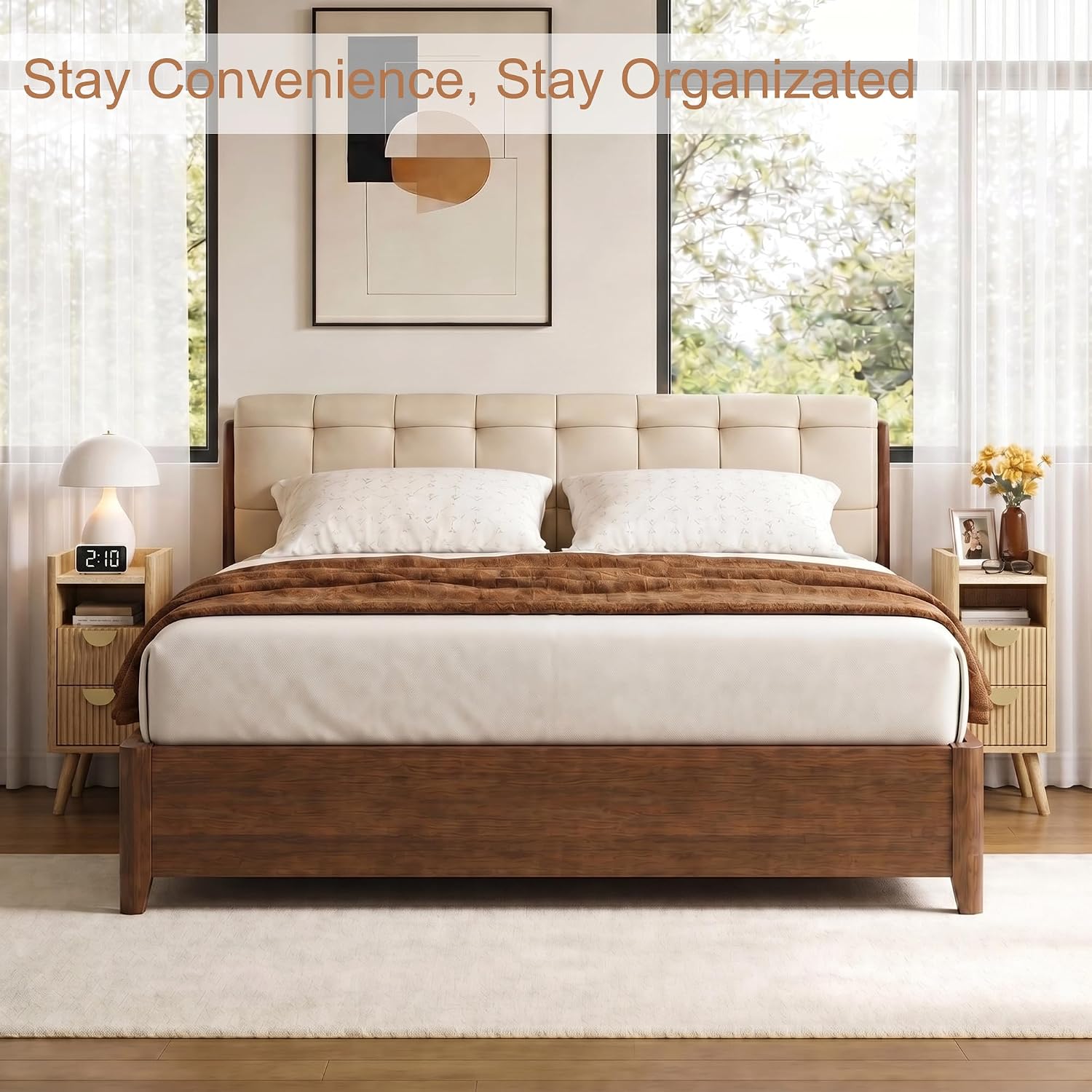 26.4' Tall Narrow Nightstand Set of 2, 9.8' Wide Fluted End Table with 2 Drawer & Open Shelf, Wood Night Stand w/Rounded Corner, Slim Side Table for Bedroom/Entryway/Living Room, Natural
