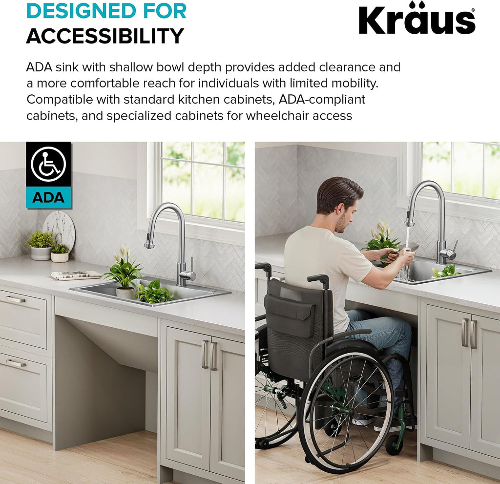 KRAUS Fairlane 25-inch ADA Compliant Drop In/Top Mount Single Bowl 18-Gauge Stainless Steel Kitchen Sink, KHT641-25-5.5