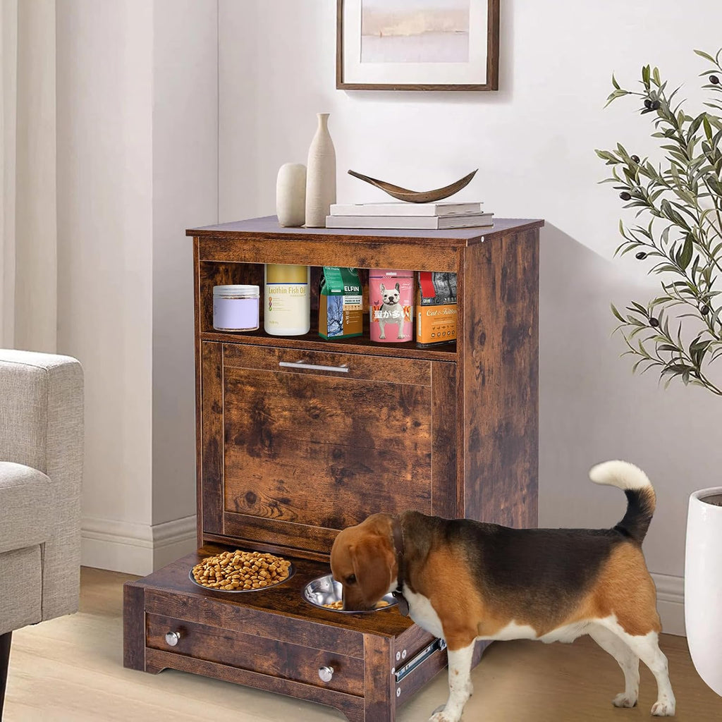 Dog Feeding Station with Storage,Pet Feeding Station Food Storage Cabinet with 2 Elevated Dog Bowls for Water and Feeding Supplies,Dog & Cat Storage Organizer with Drawer,Brown