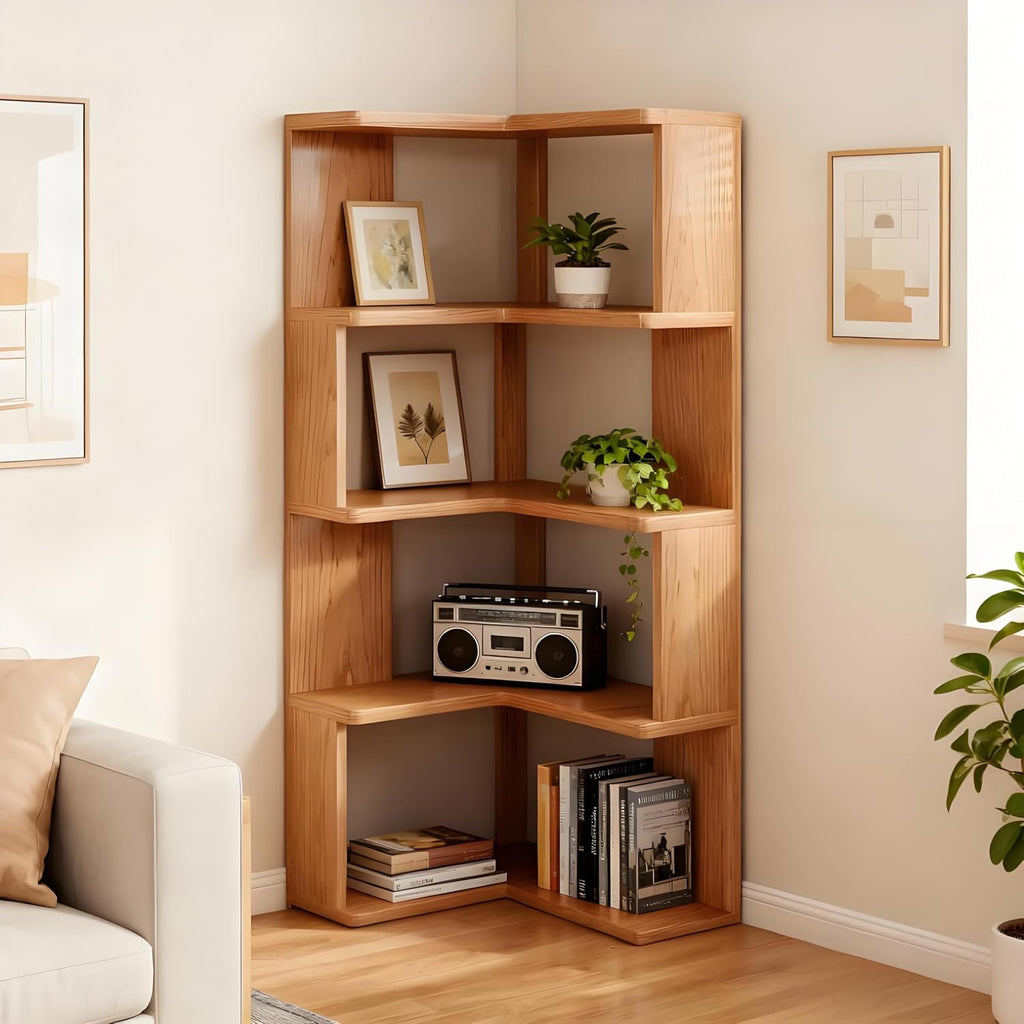 4-Tiers Corner Bookshelf with Storage, Modern Geometric Bookcase, L-Shaped Book case estantes,Wooden Storage Shelves,for Home Office, Living Room, Bedroom (4-Tier)