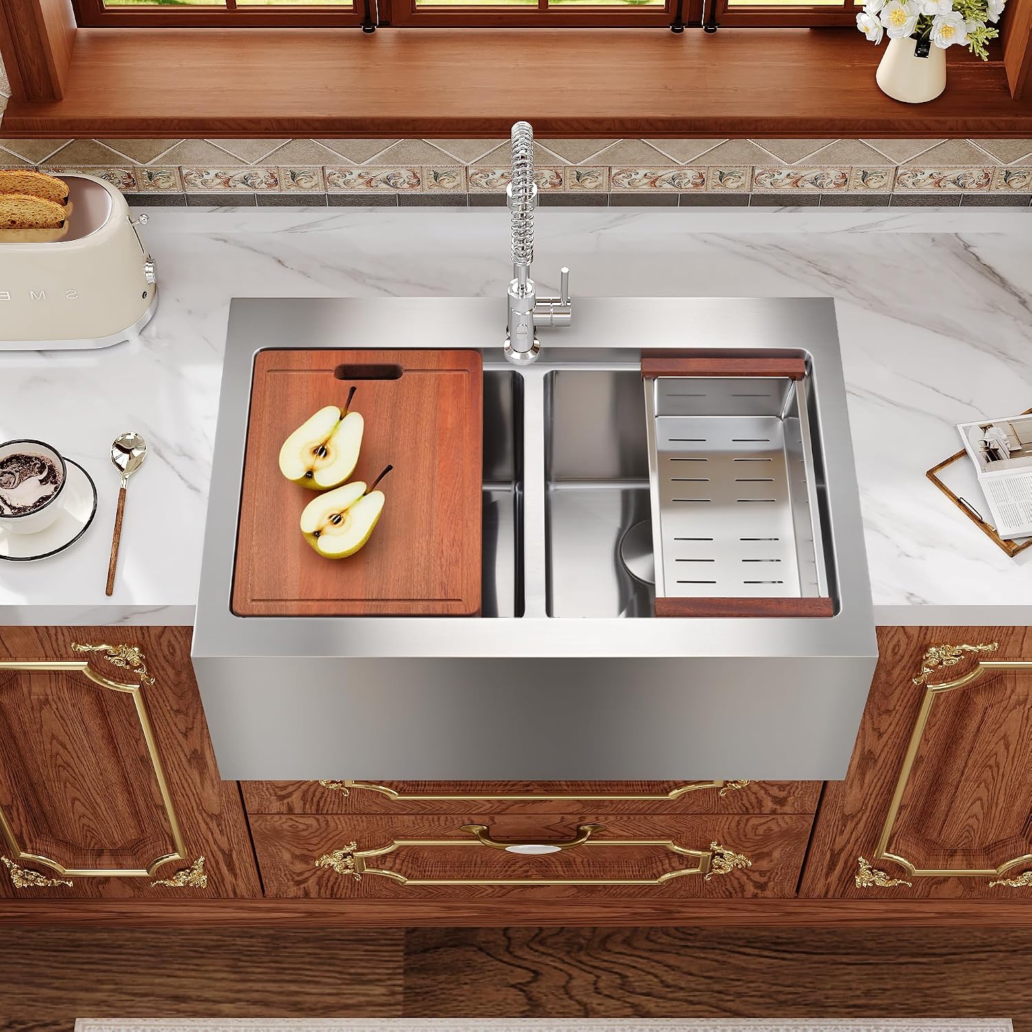 Rhbamoa 30 Inch Double Farmhouse Sink,16-Gauge T304 Stainless Steel Drop In Farm Sink,50/50 Topmount Double Bowl Apron Front Farm Sinks,10 Inch Deep Workstation Sinks with All Accessories