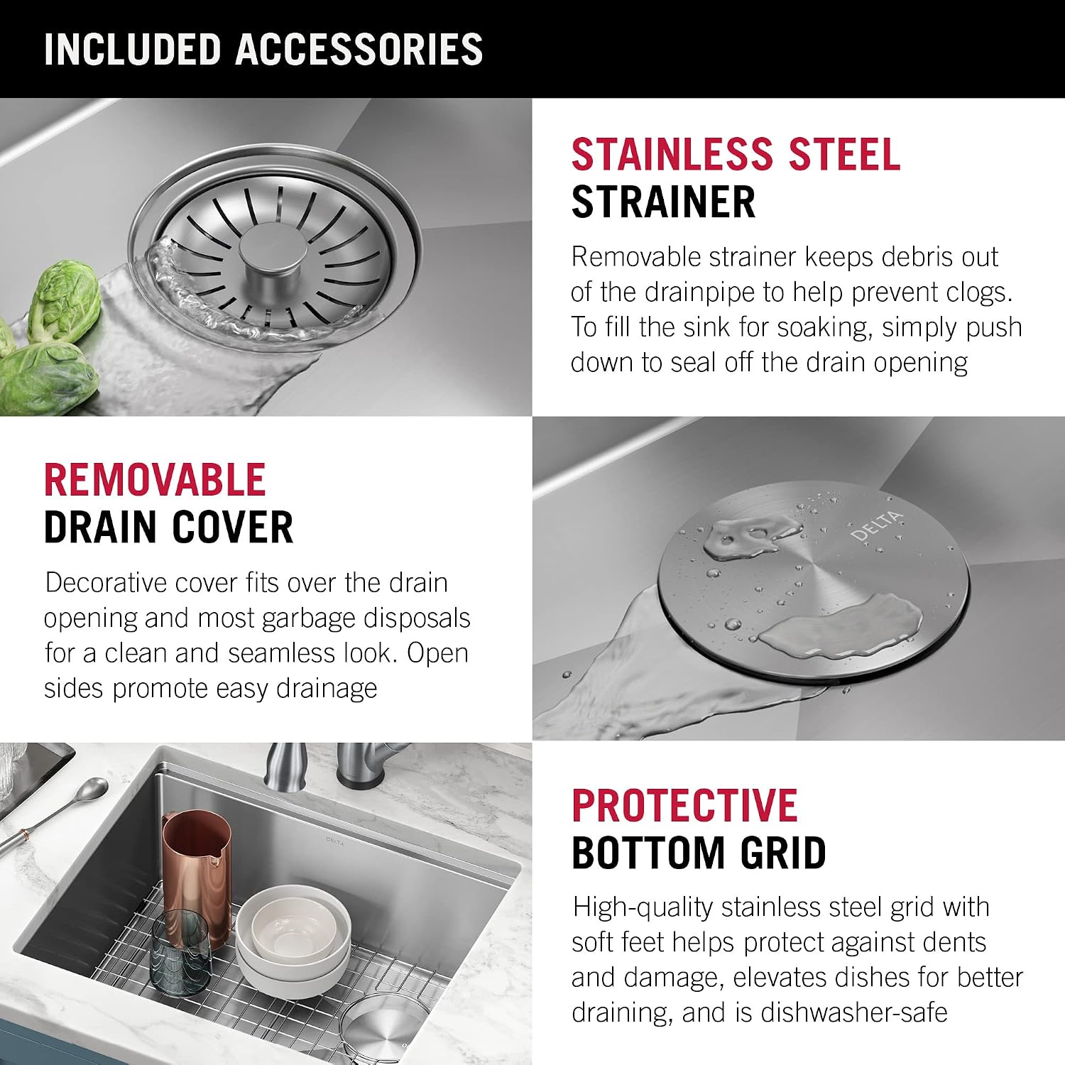 DELTA FAUCET Lorelai 23-inch Workstation Kitchen Sink Undermount 16 Gauge Stainless Steel Single Bowl with WorkFlow Ledge and Kit of 5 Accessories, 95B9132-23S-SS