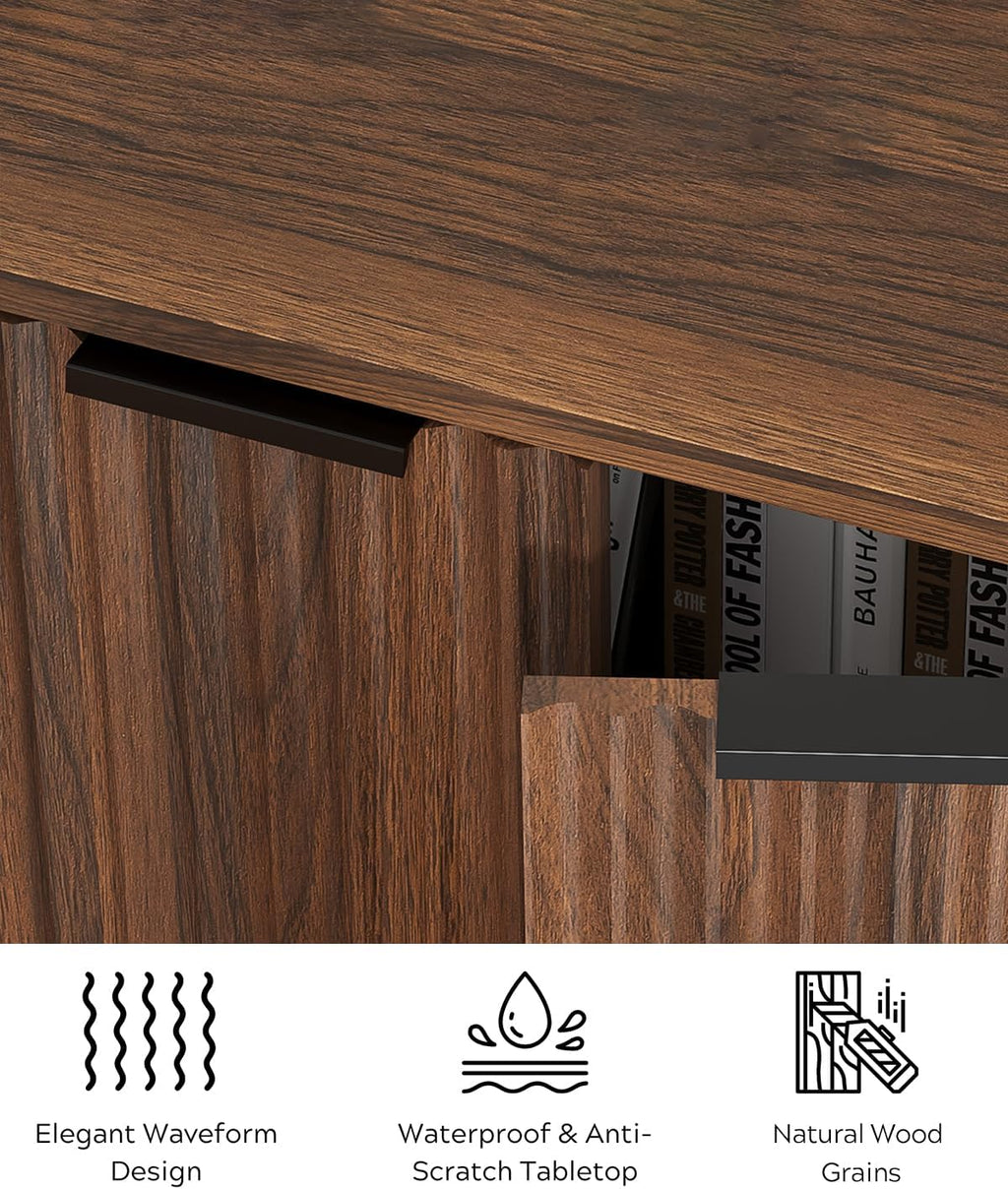 EYYTHUNG Fluted Corner Cabinet, Modern Small Corner Floor Cabinet with 2 Doors and 2-Tier Shelves, Freestanding Narrow Organizer for Living Room Kitchen Bathroom, Brown