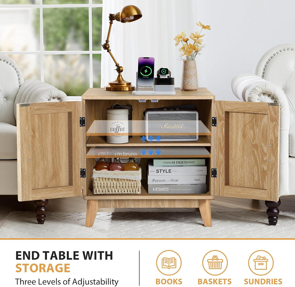 Fluted End Table with Charging Station, Mid Century Modern Nightstand with 2 Doors, Bed Side Table with Storage for Couch,Living Room,Small Spaces, Sofa Side Table for Office,Dorm-Natural