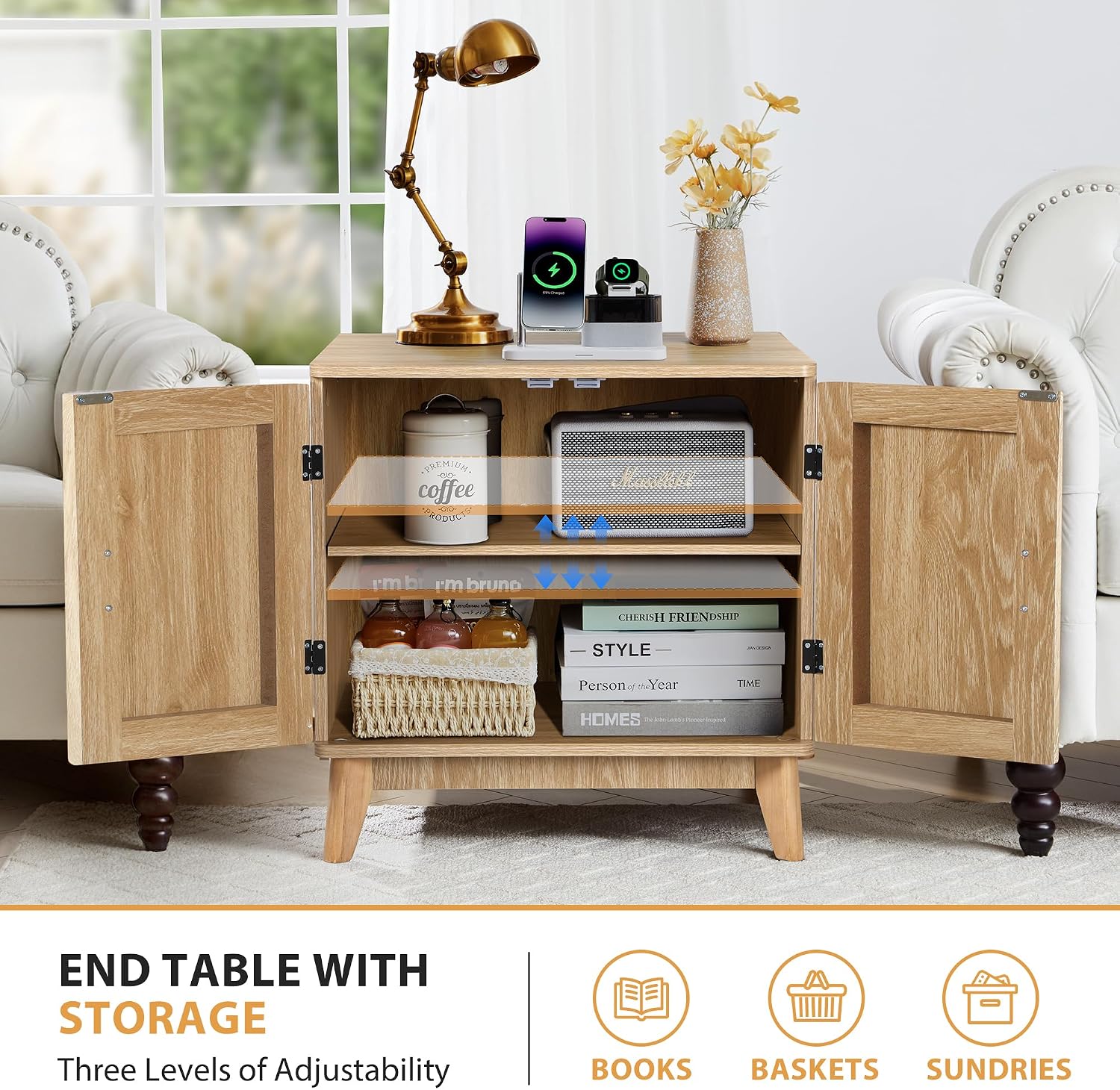 Fluted End Table with Charging Station, Mid Century Modern Nightstand with 2 Doors, Bed Side Table with Storage for Couch,Living Room,Small Spaces, Sofa Side Table for Office,Dorm-Natural