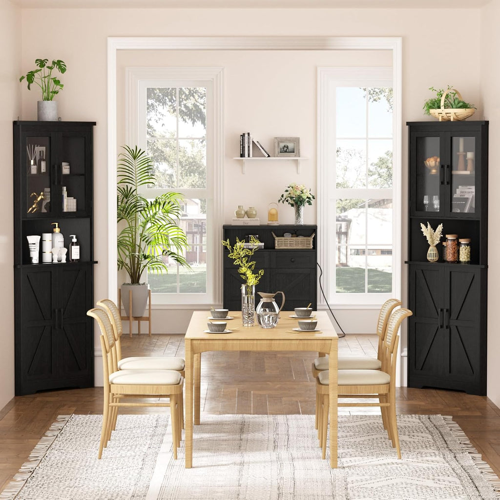 67''H Black Tall Farmhouse Corner Storage Cabinet with 4 Tempered Glass Doors and Barn Doors, Narrow Bathroom Cabinet with 2 Adjustable Shelves, Corner Hutch for Kitchen, Dining Living Room