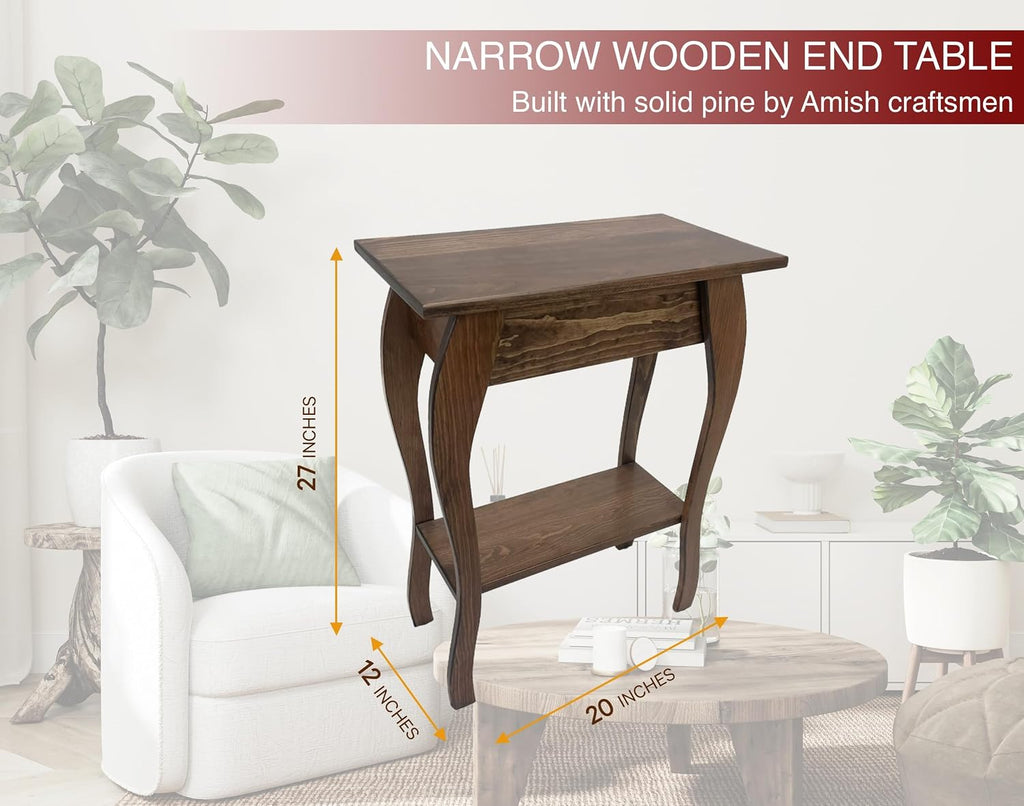 Peaceful Classics Wooden End Table- Amish Handmade Slim Side Table for Living Room, Bedroom, Entry Way, & Hallway, Thin Narrow End Table with 2-Tiered Shelves for Display & Storage (Special Walnut)