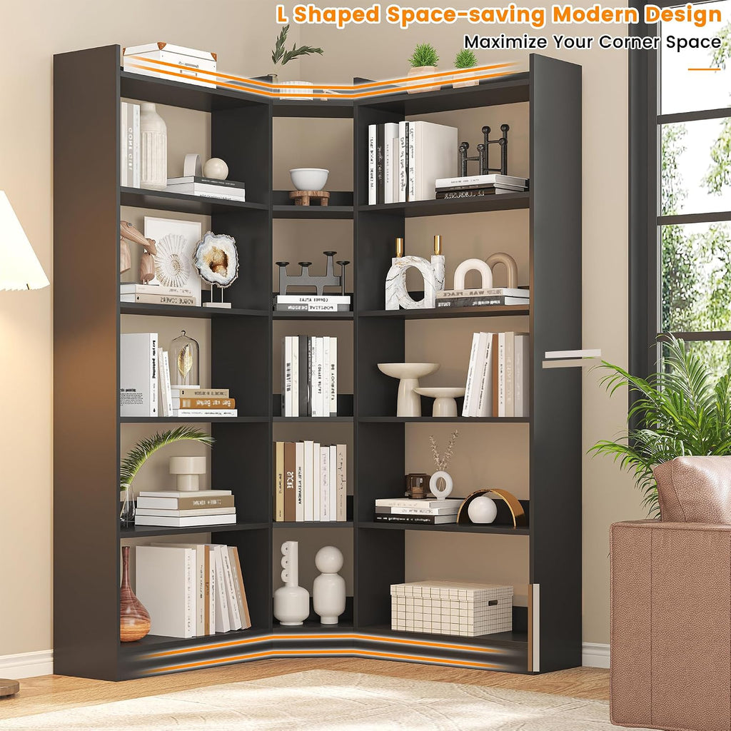 6 Tiers Corner Bookshelf and Bookcase with Baffle, 63.1' Tall Modern L-Shaped Storage Display Book Shelf Industrial Bookshelves for Bedroom, Living Room, Kitchen, Home Office, Black