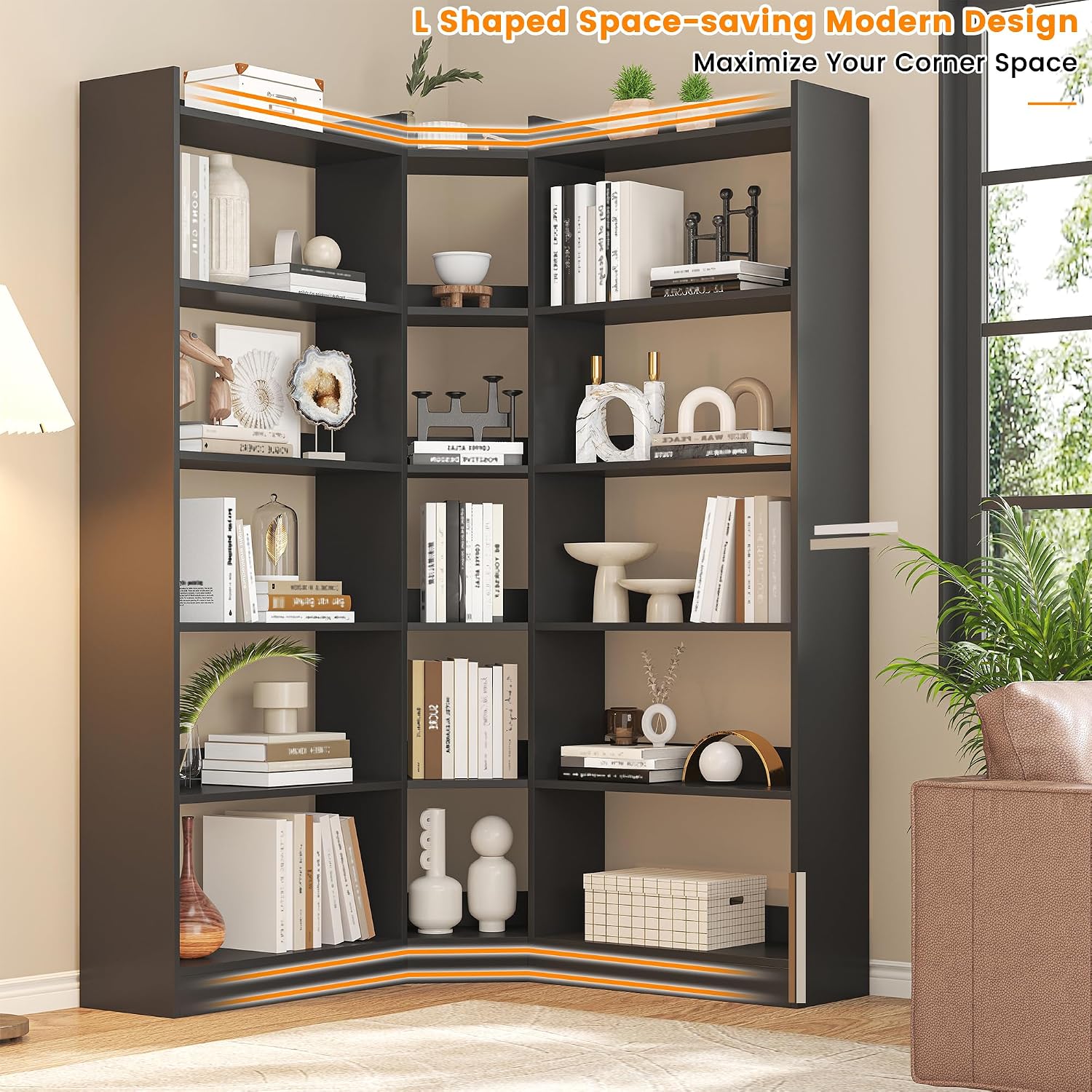 6 Tiers Corner Bookshelf and Bookcase with Baffle, 63.1' Tall Modern L-Shaped Storage Display Book Shelf Industrial Bookshelves for Bedroom, Living Room, Kitchen, Home Office, Black