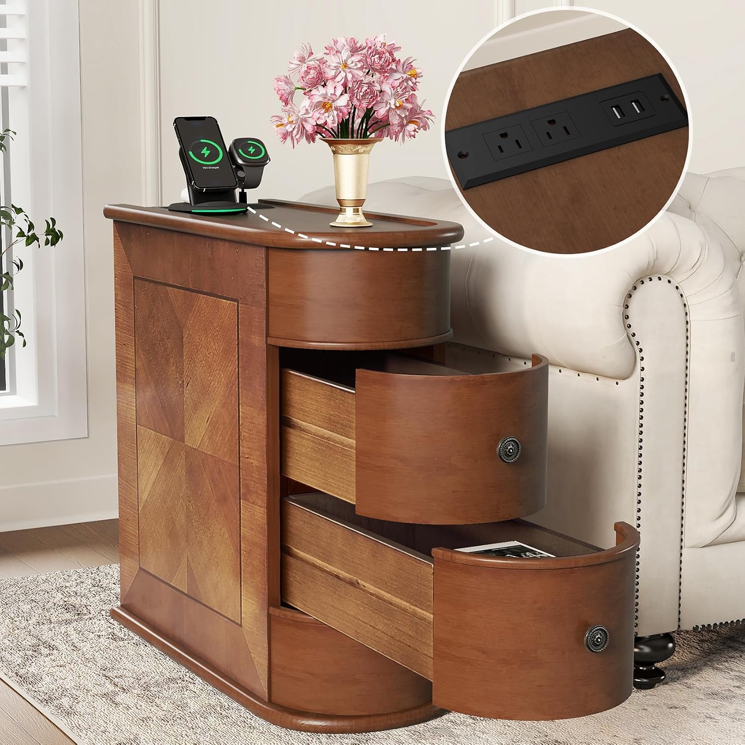End Tables Living Room, Wood Sofa Side Table with Charging Station,Vintage Narrow Nightstand with 2 Drawers,Couch Accent Tables for Small Spaces,Bedroom, Fully Assembled,Brown