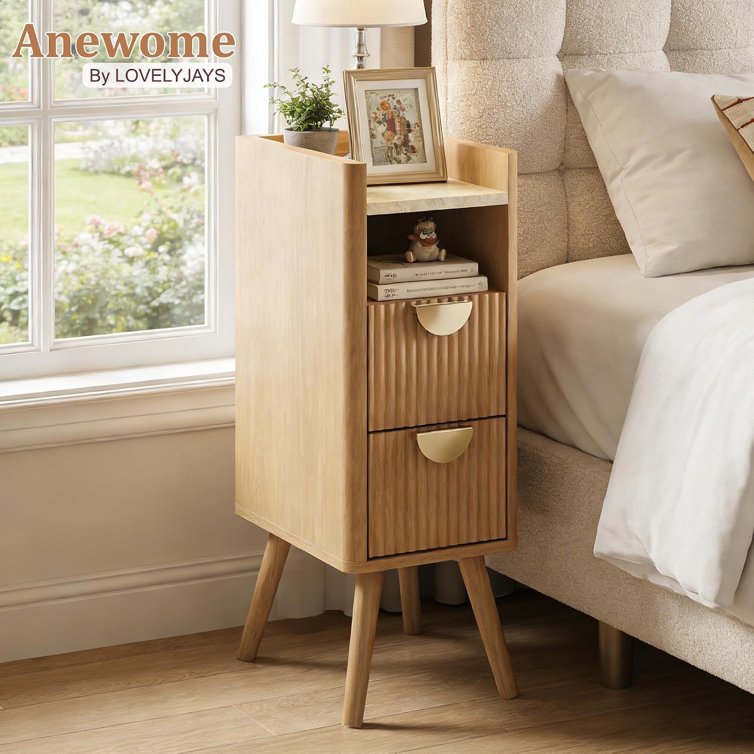 26.4' Tall Narrow Nightstand Set of 2, 9.8' Wide Fluted End Table with 2 Drawer & Open Shelf, Wood Night Stand w/Rounded Corner, Slim Side Table for Bedroom/Entryway/Living Room, Natural