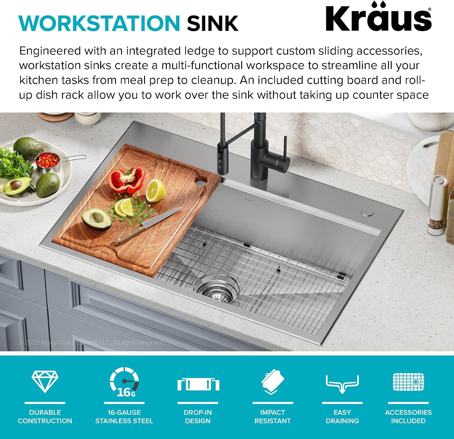KRAUS Kore 33-in Drop-In Workstation 16 Gauge Stainless Steel Single Bowl Kitchen Sink with Accessories