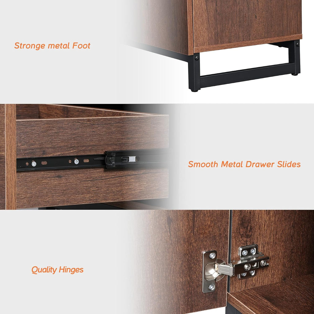 WAMPAT 2 Piece Modern End Table with 1 Drawer & 1 Storage Cabinet, Farmhouse Sofa Table, Wooden Rustic Side Sofa Table with Metal Leg for Living Room, Nighstand for Bedroom, Brown
