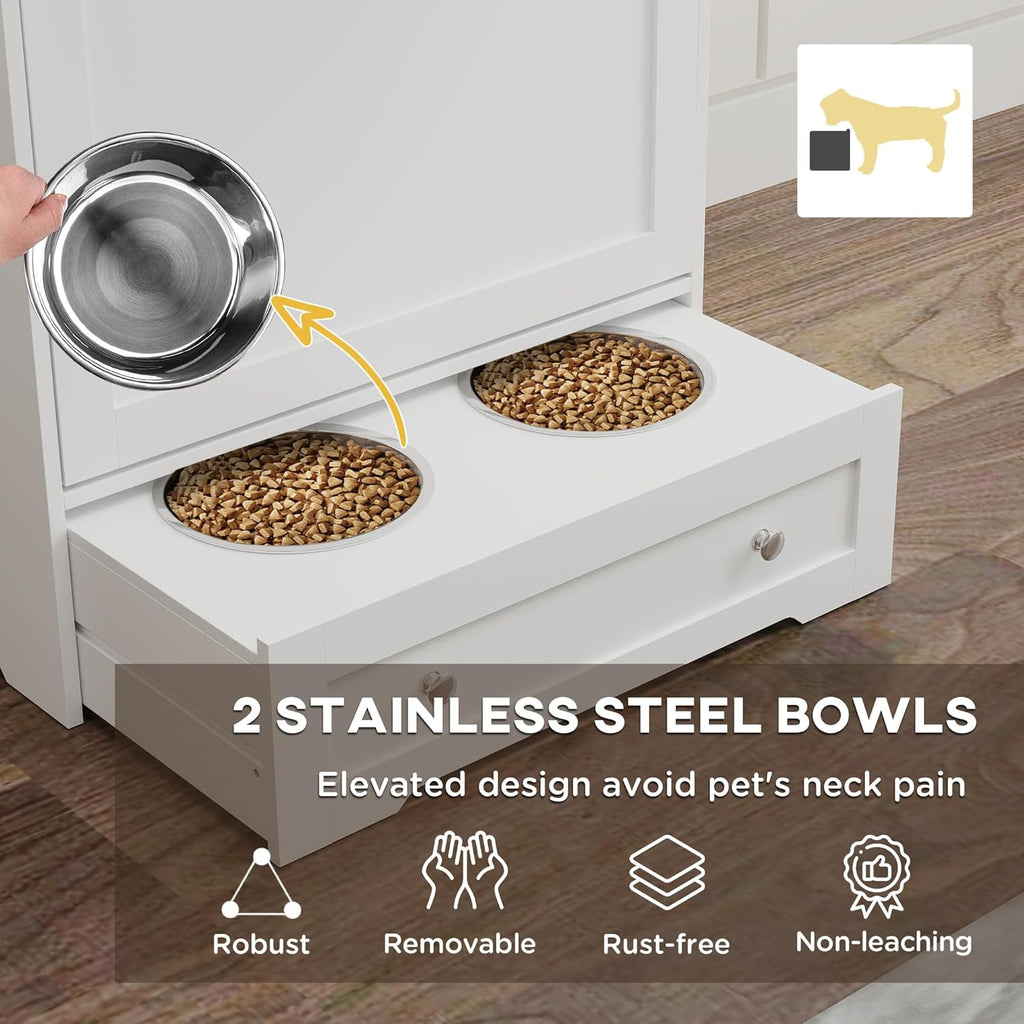 PawHut Dog Feeding Station with 2 Storage Cabinets, Elevated Dog Bowls, Side Hooks, Anti-tip Kit, Hidden Pet Feeder Station for Feeding & Watering, White